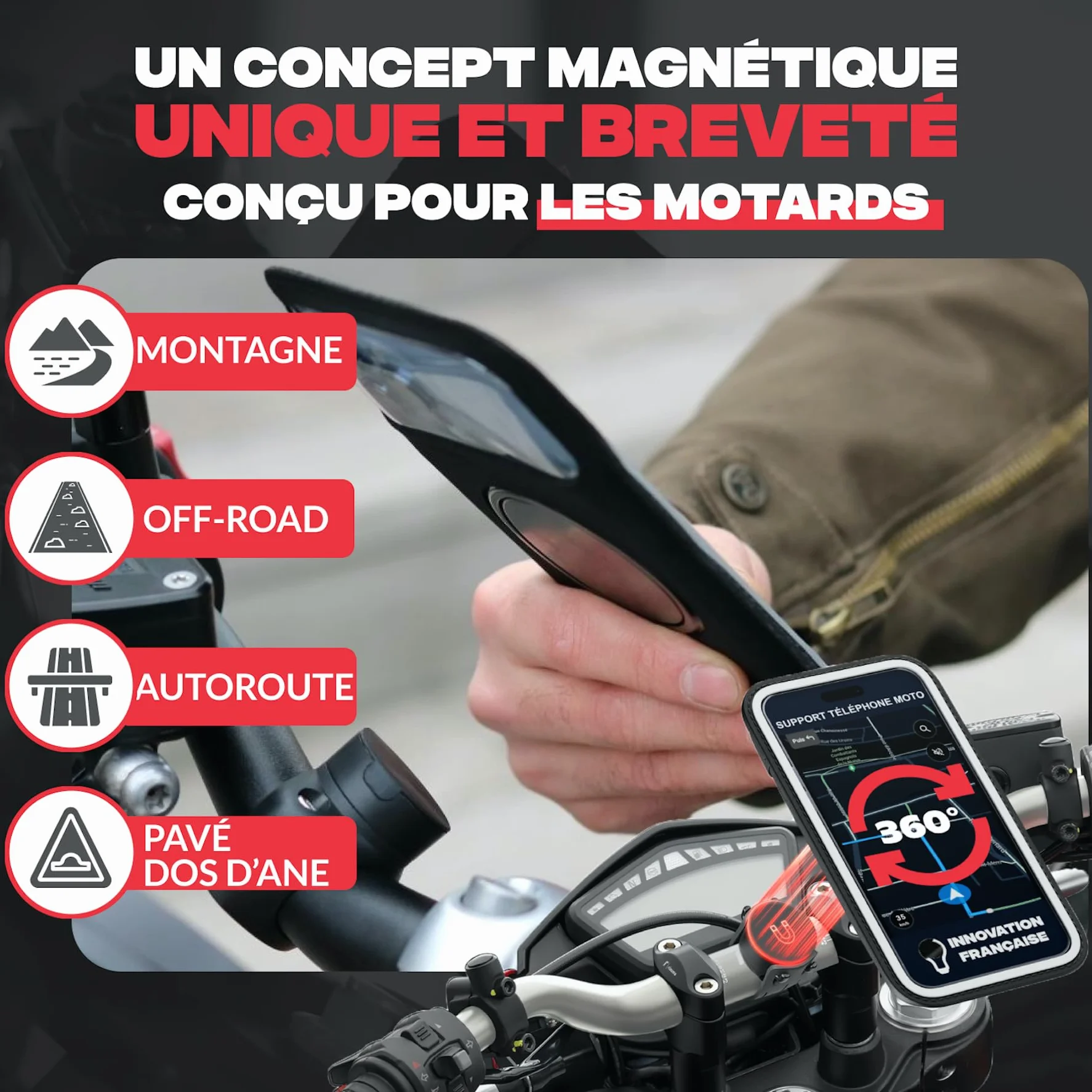 Shapeheart Support Téléphone Moto Pro Magnétique - Fixation Vissée Anti-Vibrations Guidon - Pochette Étanche XL Tactile - Housse Imperméable Moto, Scooter - Système Stable et Amovible