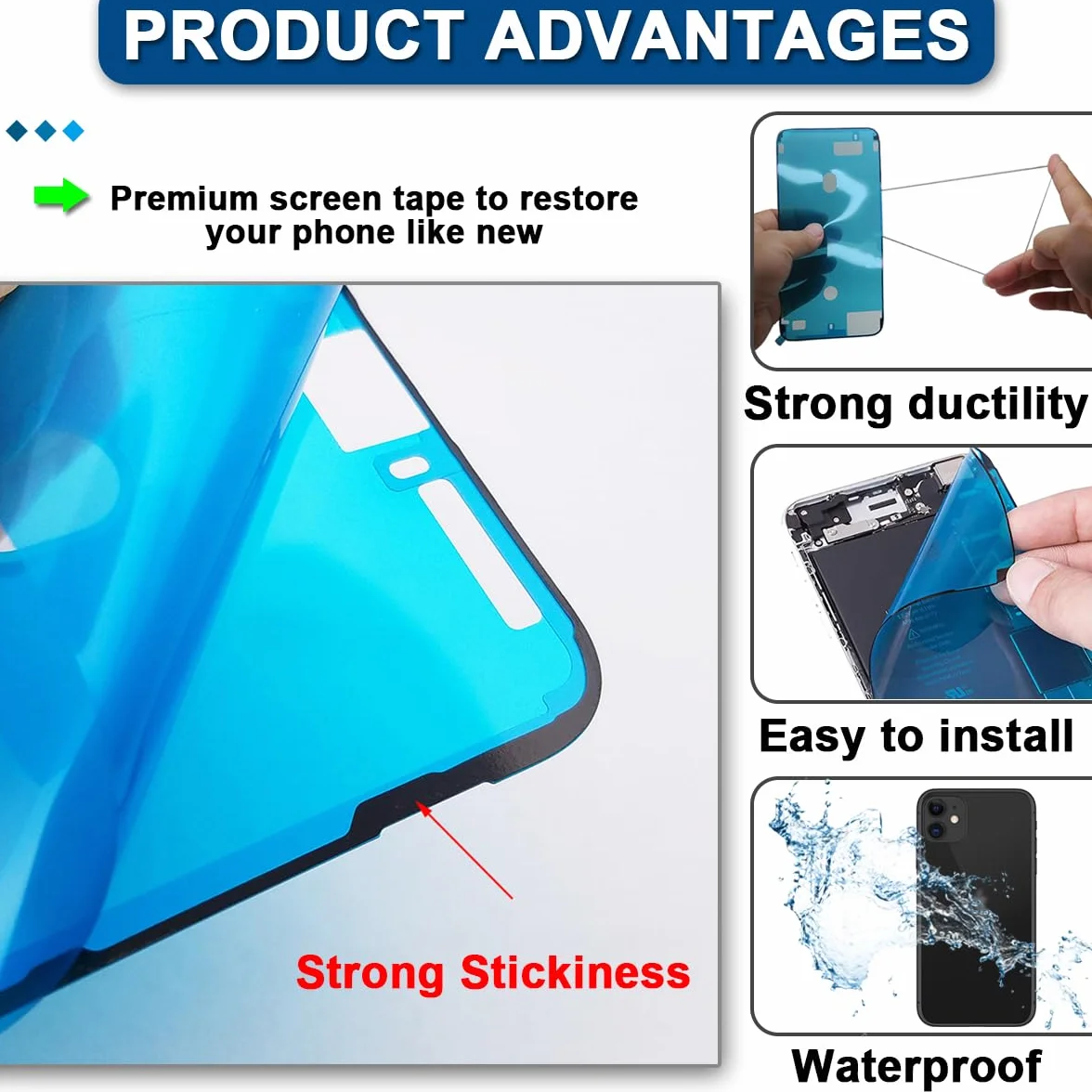 7pcs Adhésif pré-Coupe étanche Compatible avec pour l'pour iPhone 11, l'écran LCD Adhésif et la Batterie Interne de la Batterie d'adhésive et l'outil de Retrait (6,1 Pouces/Noir)