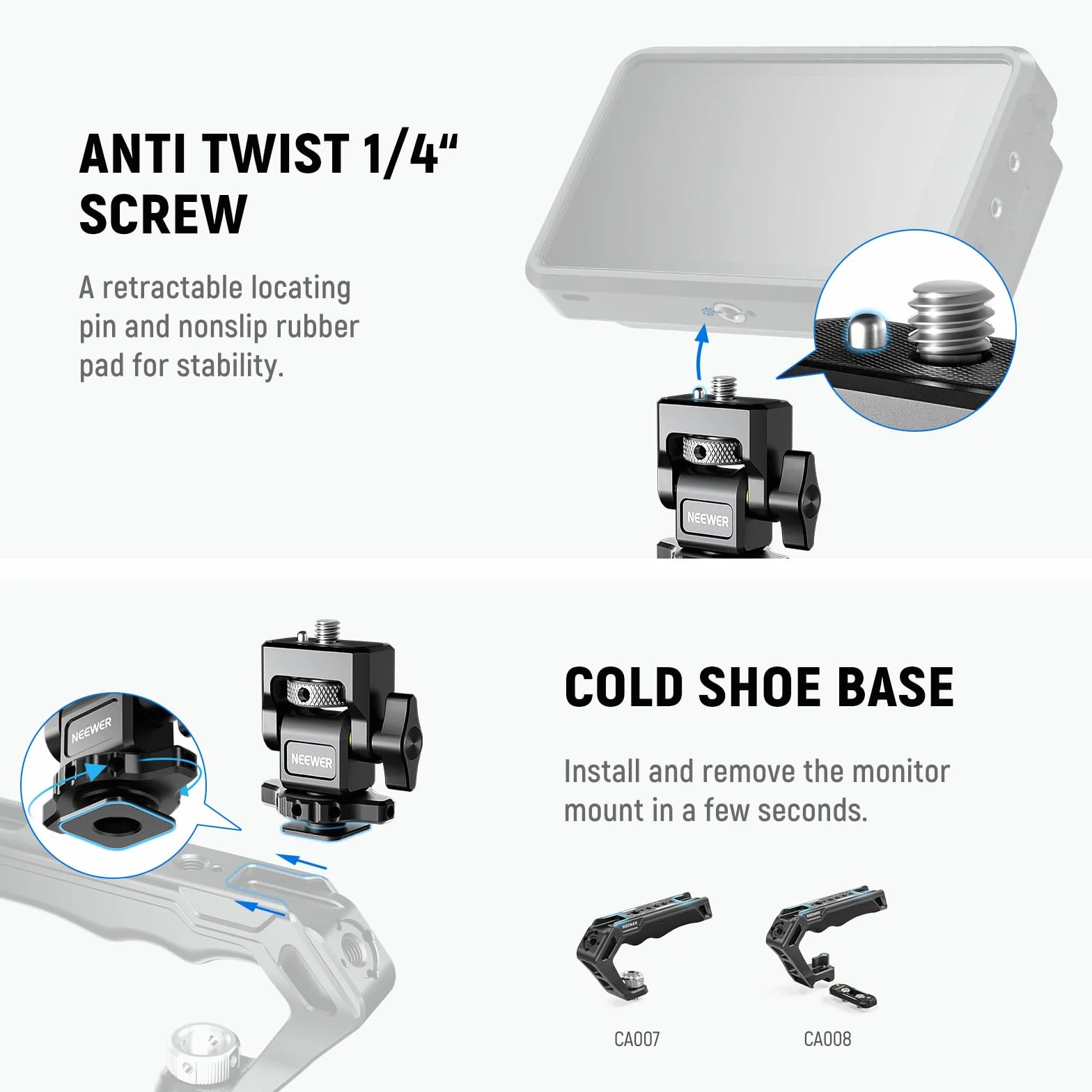 NEEWER Support de Moniteur caméra avec Sabot Froid pour Moniteur 5"&7",vis 1/4",Compatible avec Atomos Ninja V, pivotement à 360°, Inclinaison réglable à 180°, Amortissement, MA006