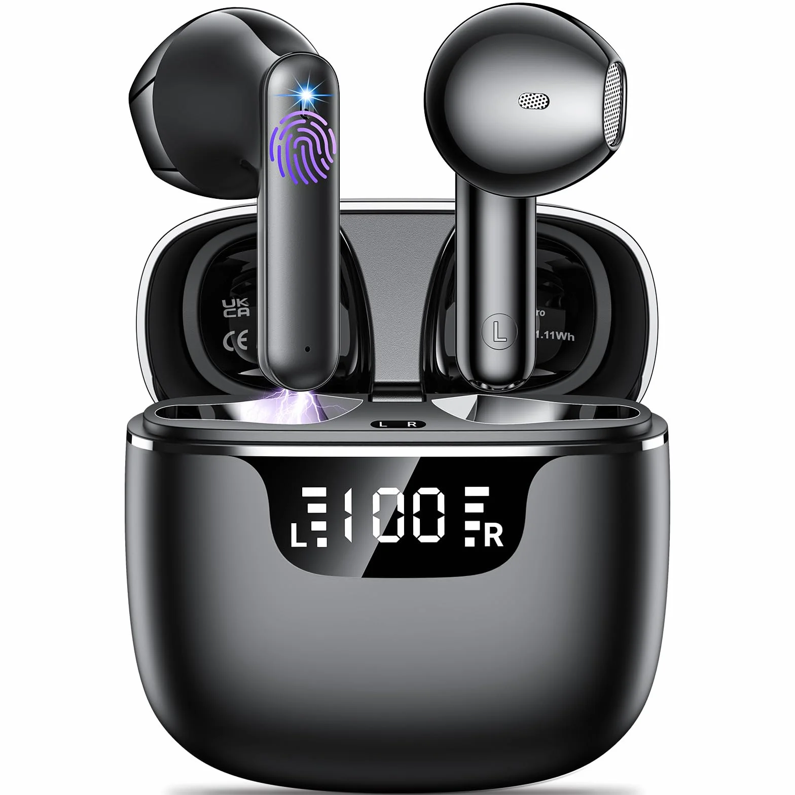 Ecouteurs Bluetooth sans Fil, Ecouteurs sans Fil 5.3 Écran LED Hi-FI Son Stéréo Réduction Bruit ENC 4 Mic 42H Durée Lecture Contrôle Tactile Casque Bluetooth IPX6 Étanche pour iOS Android Noir