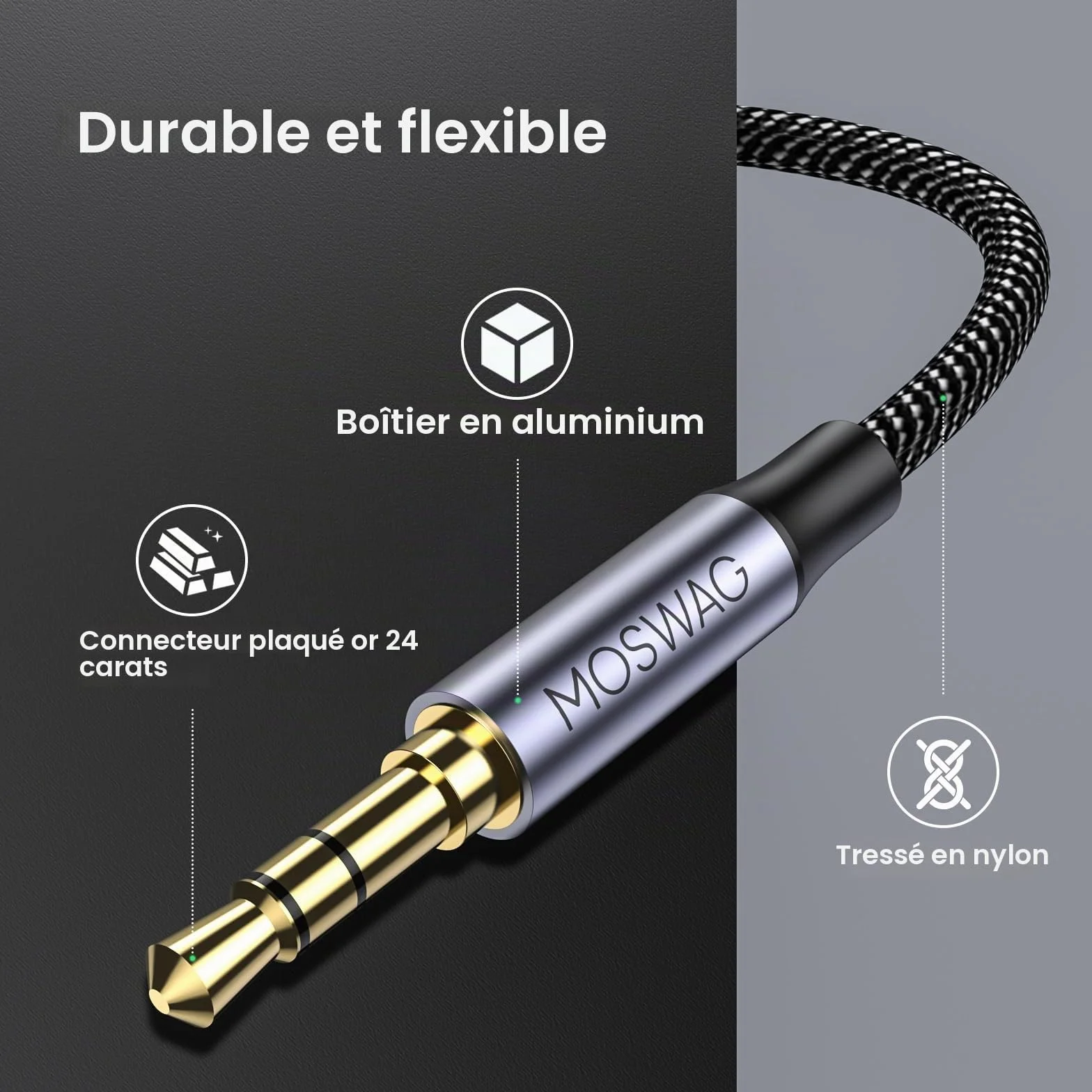 MOSWAG Rallonge Jack Audio 3.5 mm 3 Pôles pour Casque Micro, Nylon Tressé Jack Mâle vers Femelle Câble Extension Audio Stéréo Compatible avec MacBook, IMAC, voitures, téléviseurs, DVD (1M)