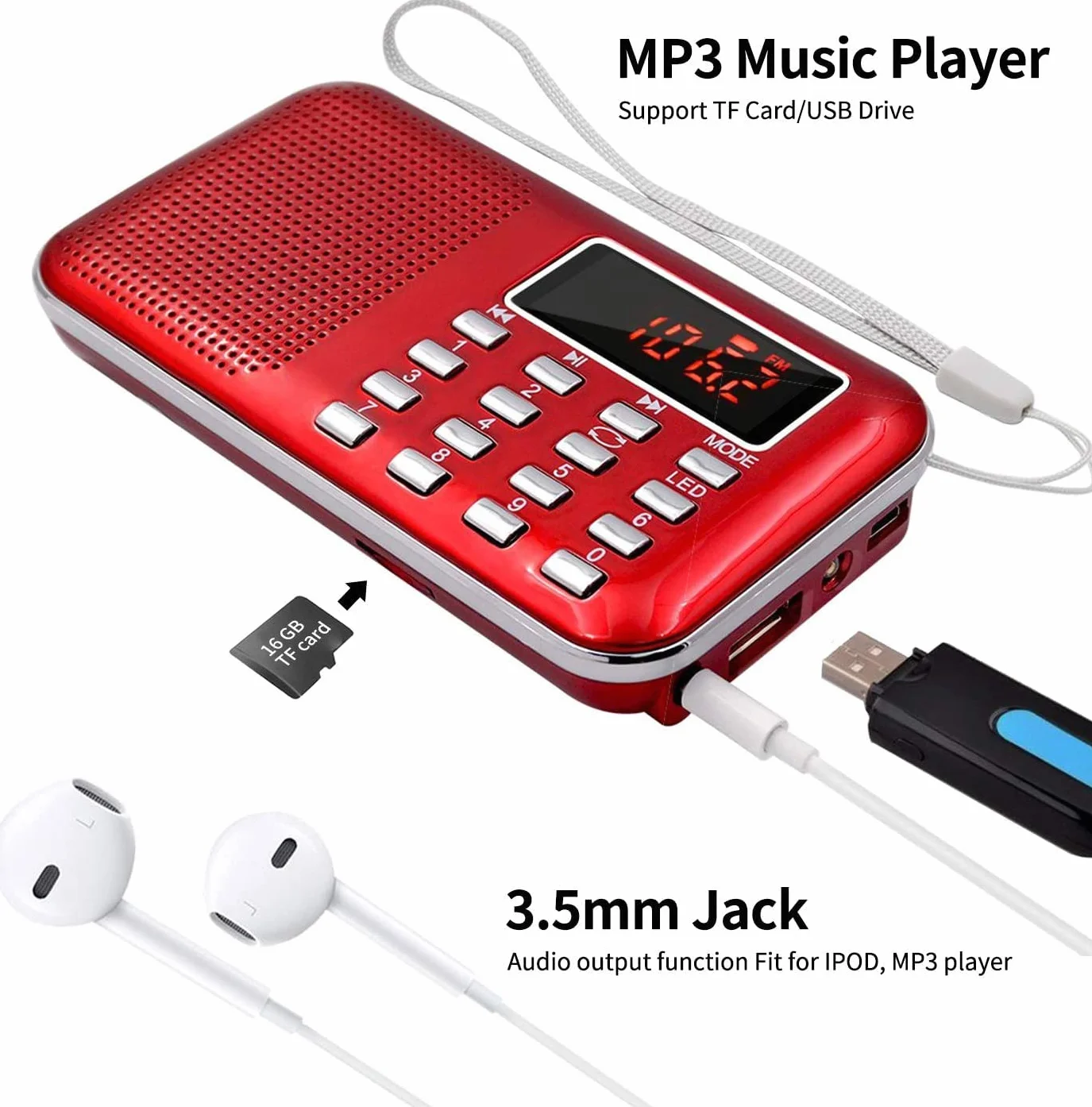 Raddy RF23 Radio Portable FM/AM Rechargeable avec Lampe de Poche, Grand Écran LCD, Lecteur MP3 Micro SD/USB, Batterie 800mAh, Rouge