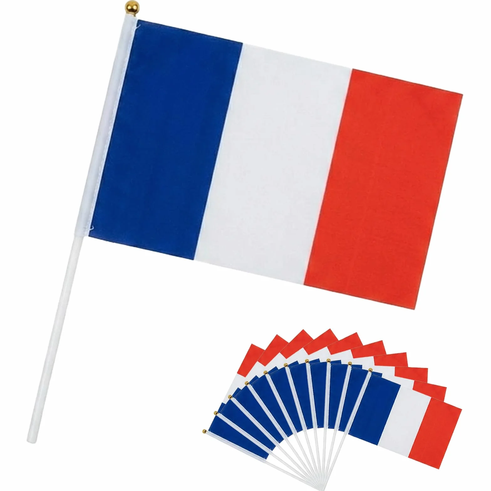 Petits Drapeaux à Main France Lot de 10, 14 x 21 cm, Drapeaux en Polyester avec Bâton pour Football Fan Zone