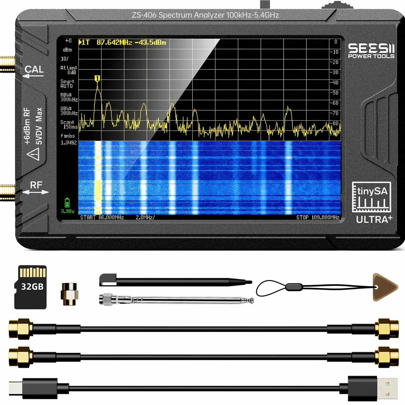 SEESII TinySA Ultra+ ZS406, Analyseur de Spectre 4,0 pouces, 100kHz-5,4GHz, Analyseur Portable avec Carte 32Go, Générateur de Signaux 2-en-1, Entrée MF/HF/VHF/UHF, V0.4.6.1, Version 2025