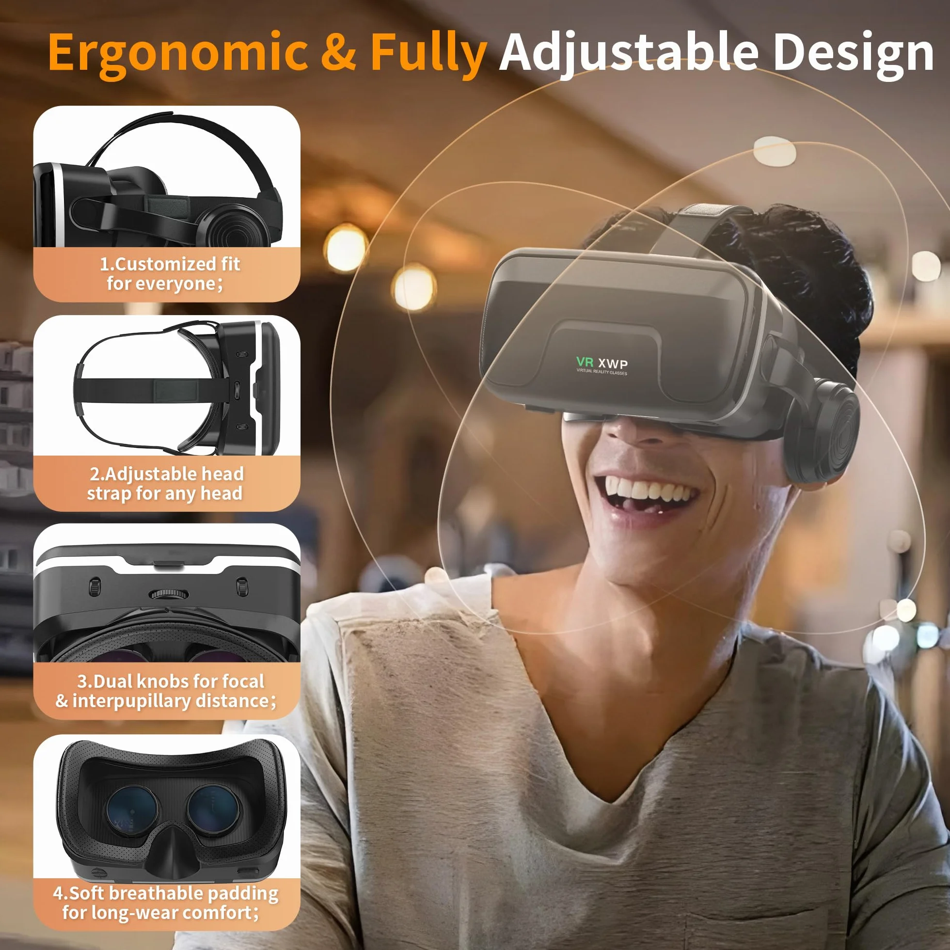 XWP Casque VR avec Écouteurs, Lunettes de Réalité Virtuelle 3D pour Téléphone Portable, Lentilles HD Anti-Bleu, pour iPhone Android 4.7-7.2"