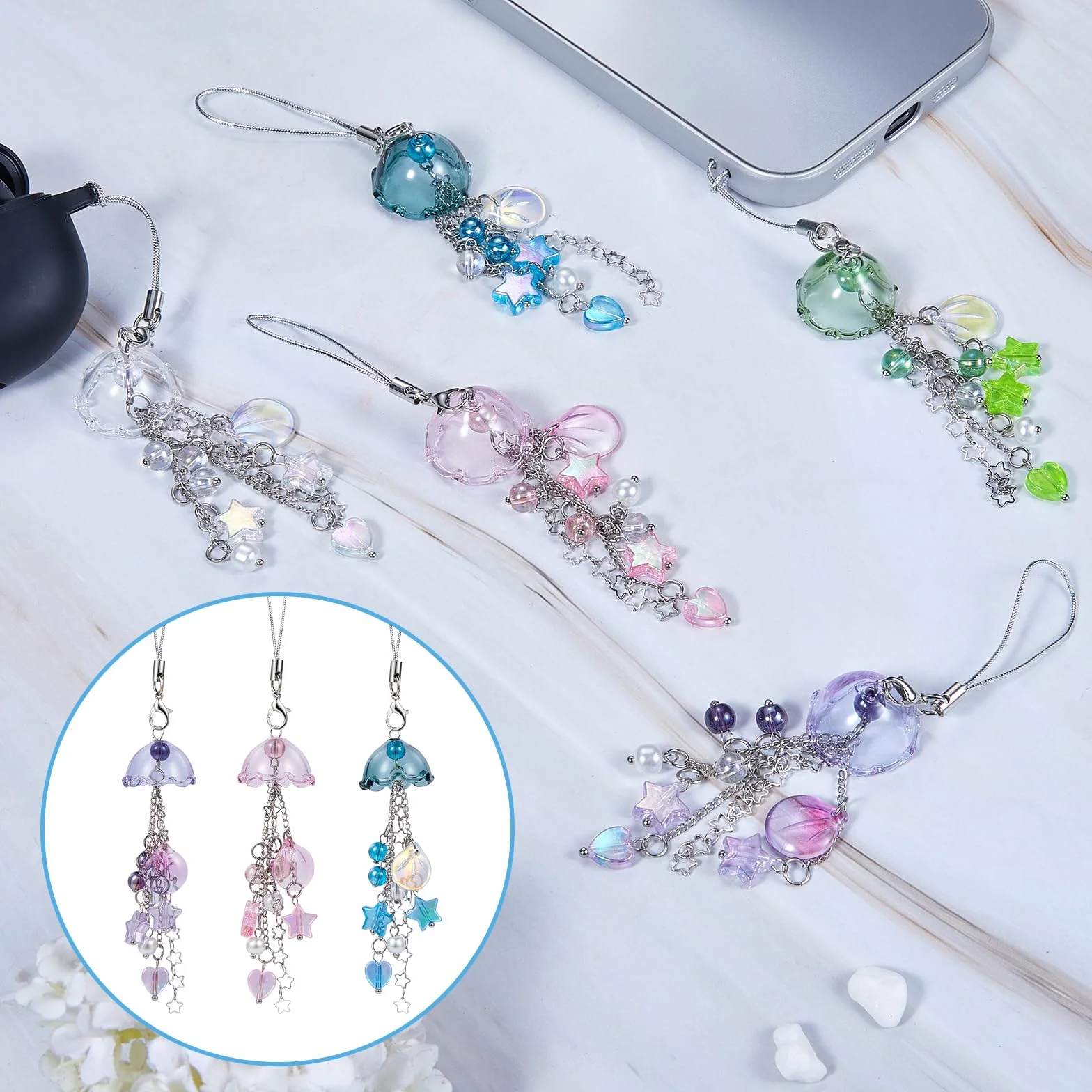 BEEFLYING Breloque Telephone Carillon à Vent Bleu, Bijoux Méduse Kawaii Pendentif Franges pour Étuis Téléphone Sac Porte-clés
