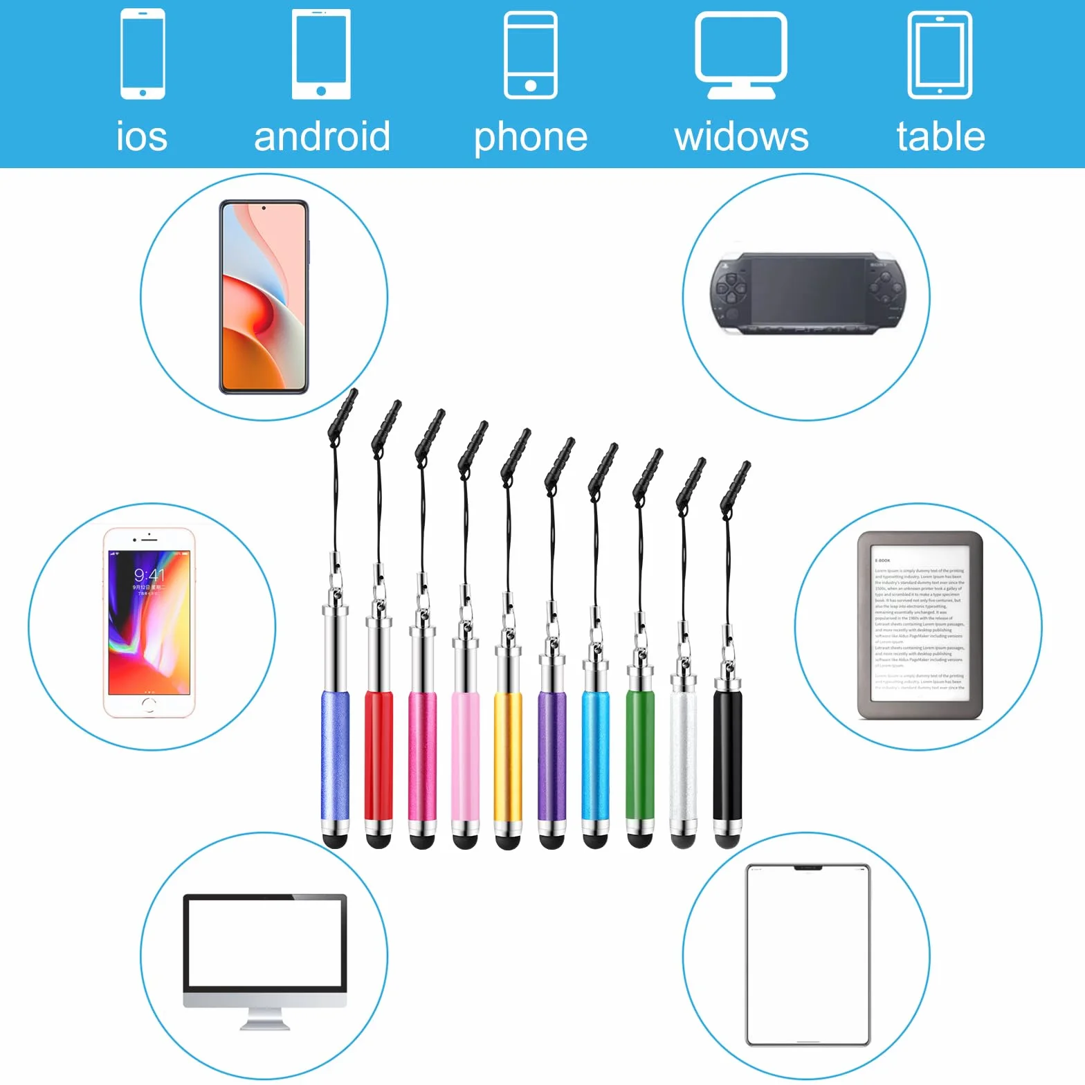 Lot de 10 mini stylets de haute précision pour écrans tactiles pour tous les smartphones, téléphones portables, tablettes et appareils à écran tactile universels