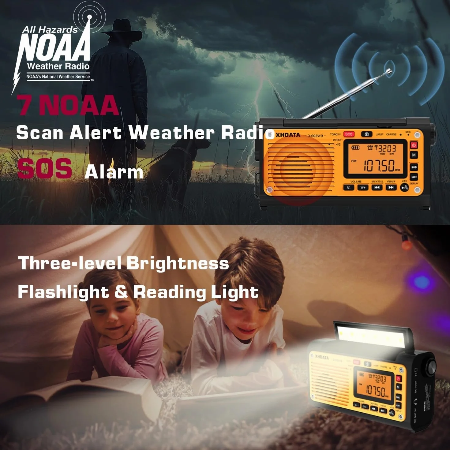 XHDATA D-608WB Radio Portable de Survie FM MW SW Bluetooth Carte TF Manivelle Panneau Solaire Lampe Torche SOS USB Camping Urgence