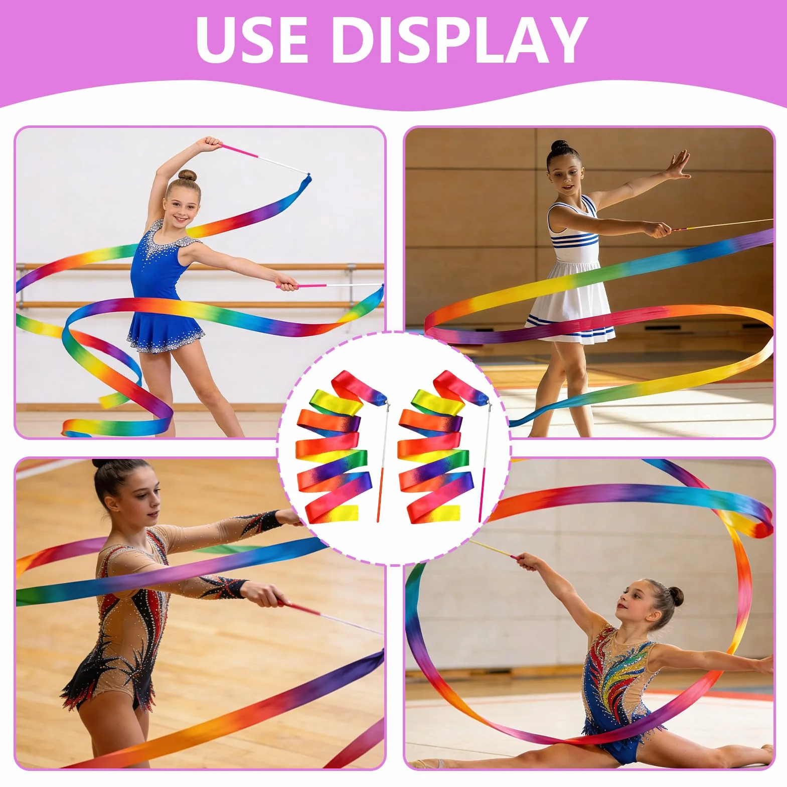 Ruban Gymnastique Rythmique 2M Nylon Durable avec Bâton 29cm, Set de 2 Pièces Multicolores