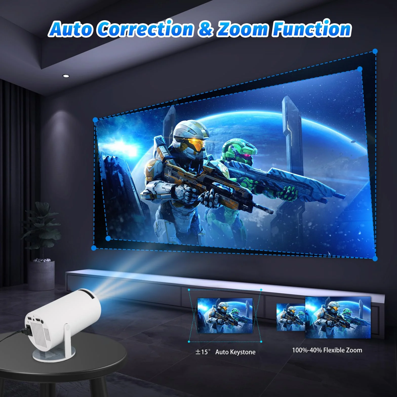 Mini projecteur 4K Support 1080P Smart WiFi 6 Android 11.0 BT 5.0 Écran 130'' Rotation 180° Correction Automatique Trapèze Portable