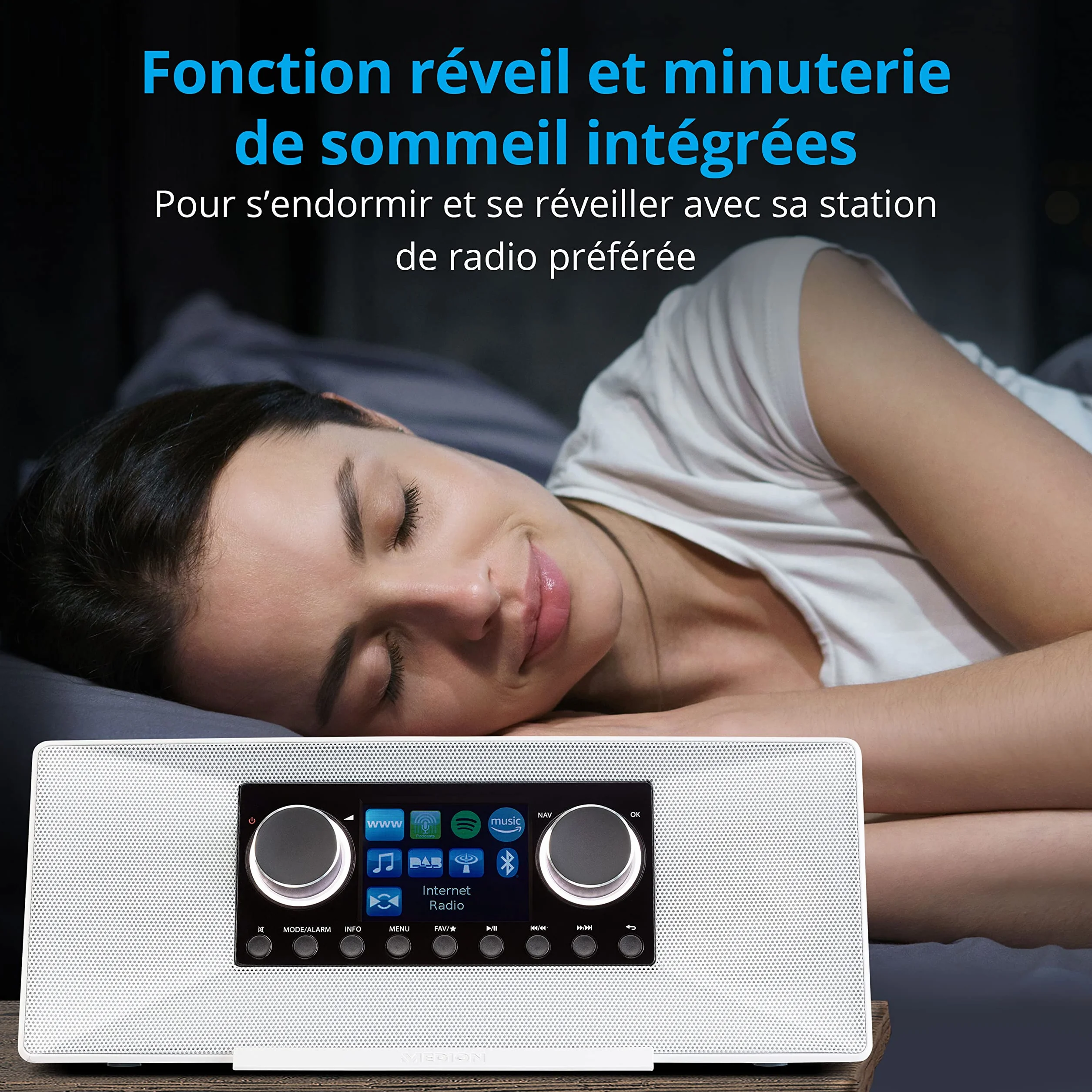 MEDION P85333 Radio Internet avec Dab+ (WiFi, FM, Spotify Connect, Amazon Music, USB, Prise Casque, AUX, Stereo Line-Out Cinch, Sleep Timer) Blanc