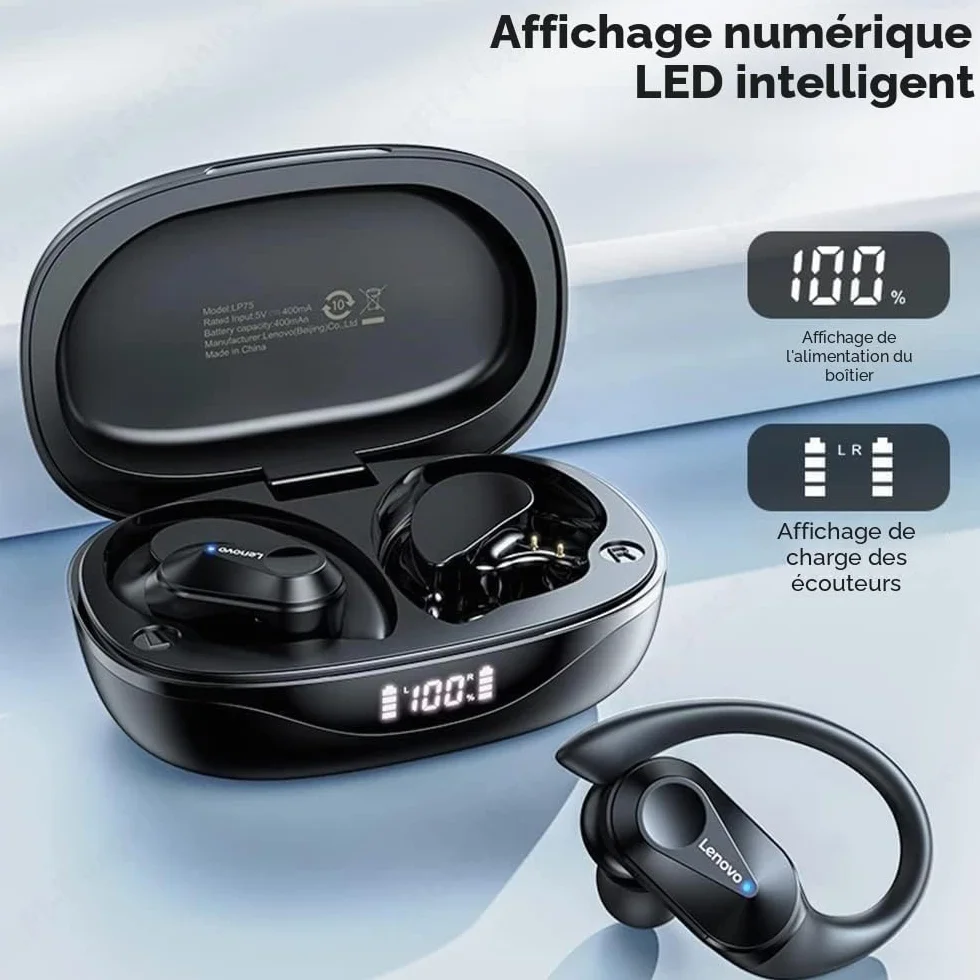 Lenovo LivePods LP75 Oreillettes Bluetooth 5.3 Sport Gym/Running Crochet d'oreille