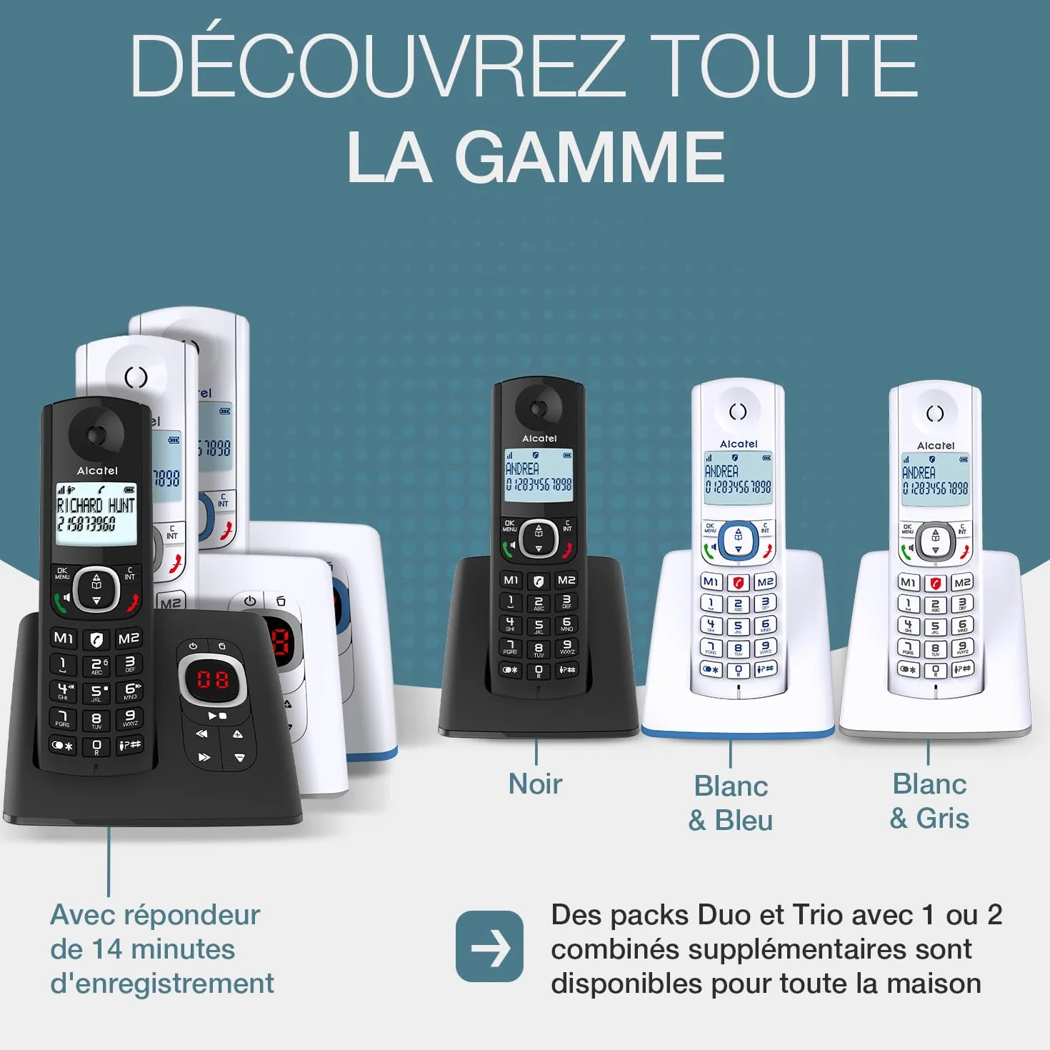 ALCATEL F530 Duo Téléphone Fixe Sans Fil DECT Grand Écran Rétroéclairé Mains Libres 2 Combinés Blanc/Bleu