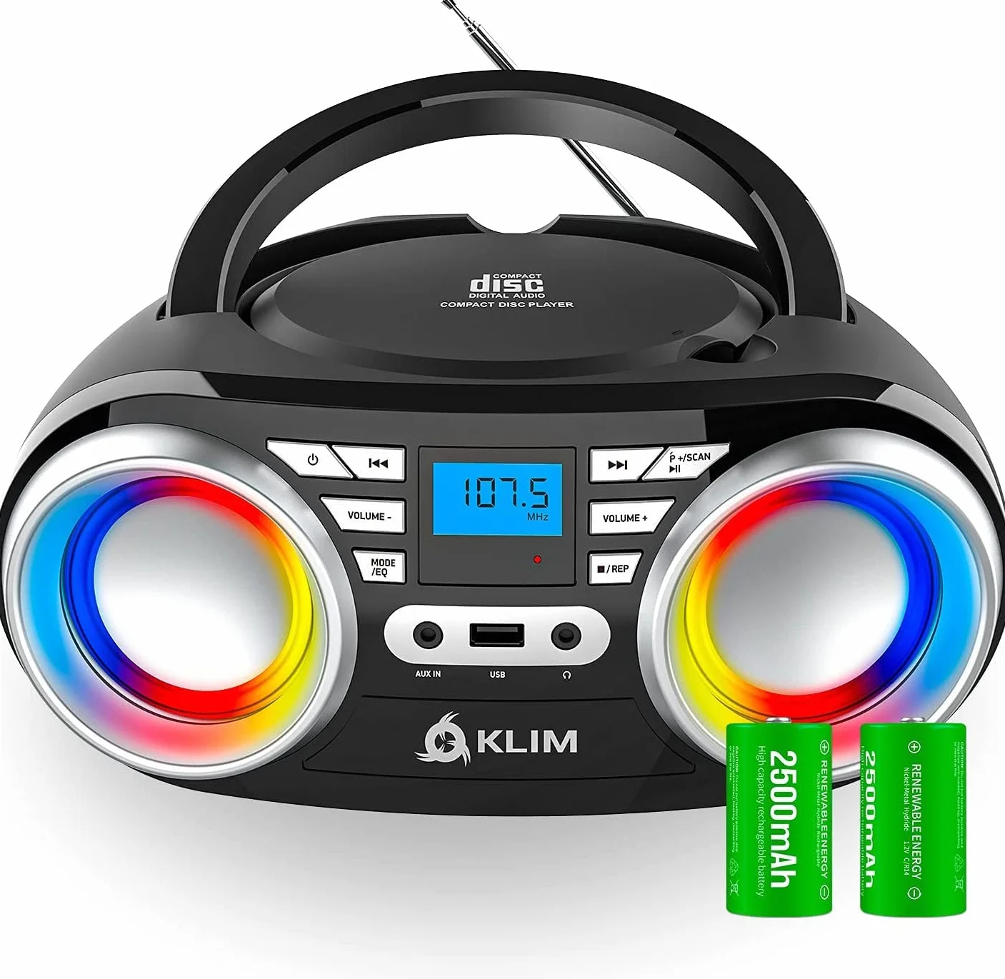 KLIM Boombox B3 - Poste Radio CD Portable - Nouveauté - Radio FM, CD, Bluetooth, USB, MP3 - CD Boombox - Mode Filaire et sans Fil avec Piles Rechargeables - Lentille Laser - Lecteur CD Portable