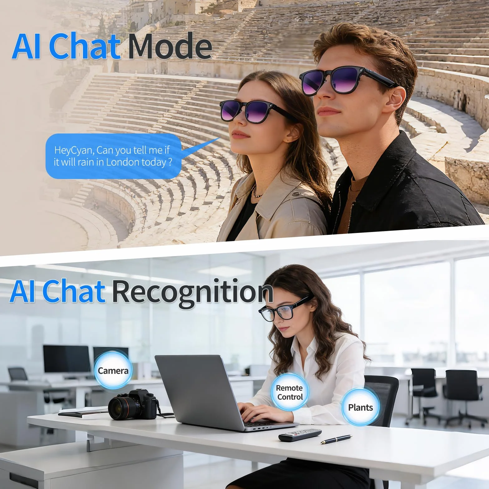 Lunettes intelligentes AI avec caméra 4K, lunettes Bluetooth anti-secousses de 8 MPW, enregistrement vidéo 1080p, réduction du bruit, traduction en temps réel et interprétation simultanée