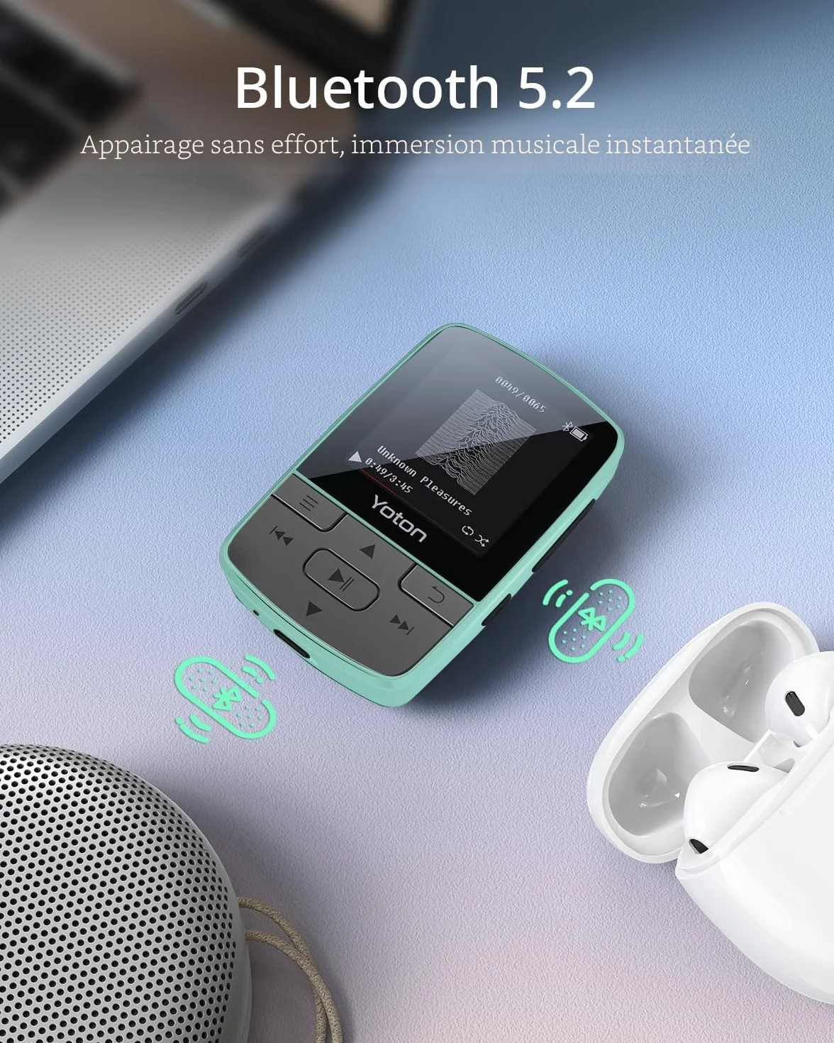 YOTON Lecteur MP3 Bluetooth 5.2 avec Clip, Son HiFi sans Perte, Radio FM, Vert