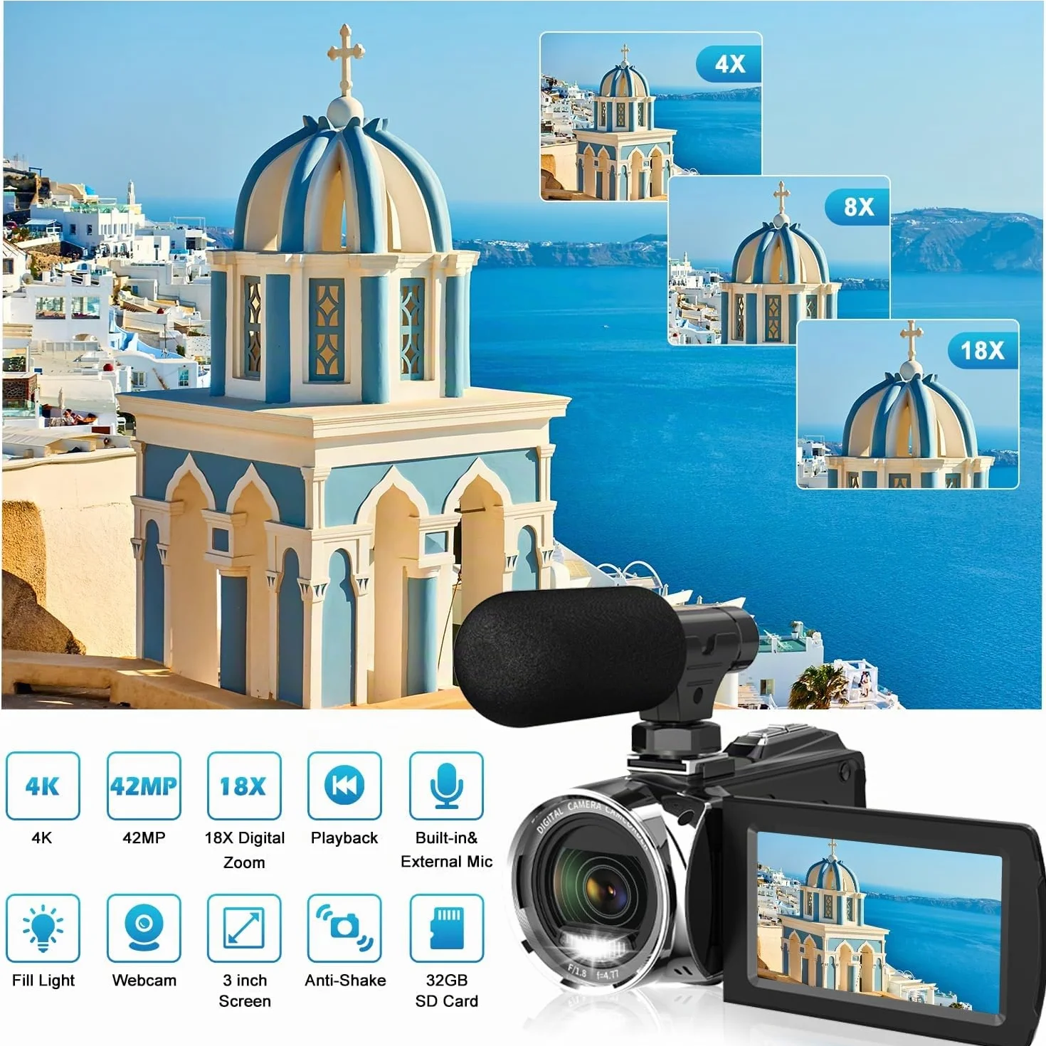 4K Caméra Vidéo Ultra HD 1080P pour Youtube, Zoom Numérique 18X, Écran IPS 3 Pouces Rotatif à 270°, Microphone Intégré