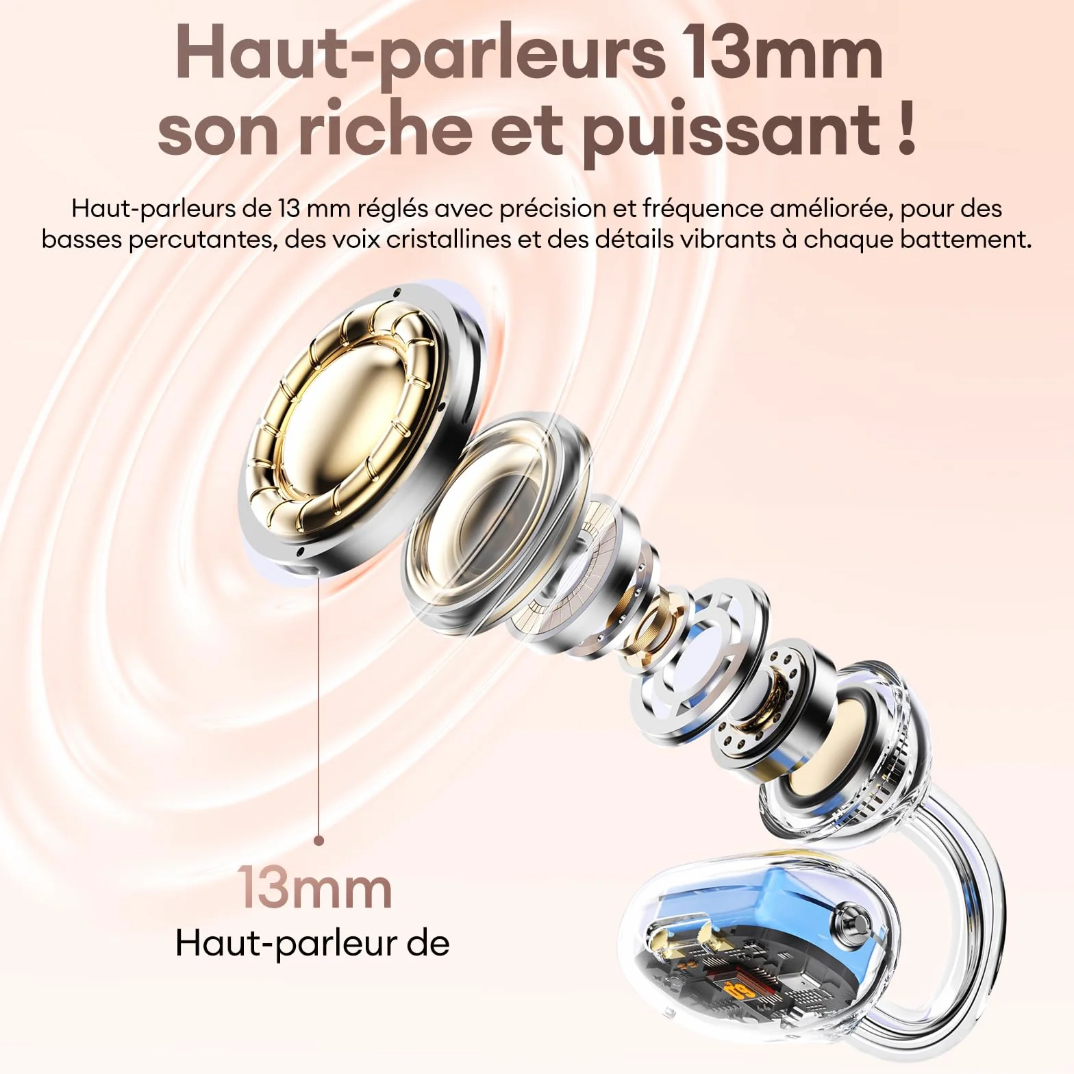 PAXA Double Casque 2-en-1 Clip Open-Ear Écouteurs Bluetooth sans Fil, Bluetooth 6.0-0 Délai, 140H Autonomie, Reconnaissance L/R Automatique, Réduction Bruit Hybride Travail/Sport/Quotidien, Or Rose