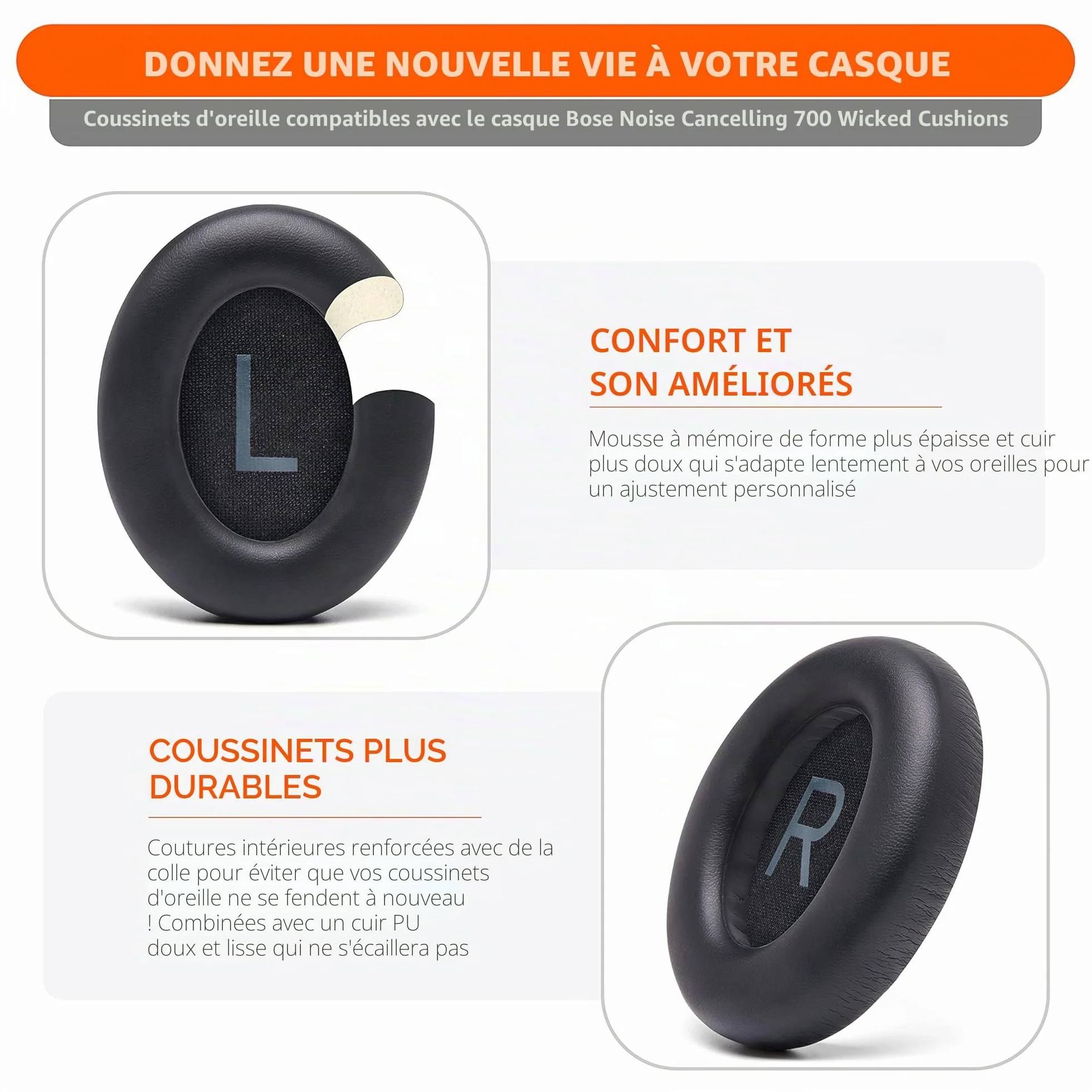 Bose Noise Cancelling 700 (NC700) Coussinets par Wicked Cushions – Cuir Souple, Mousse à mémoire de Forme, Épaisseur Accrue, Noir