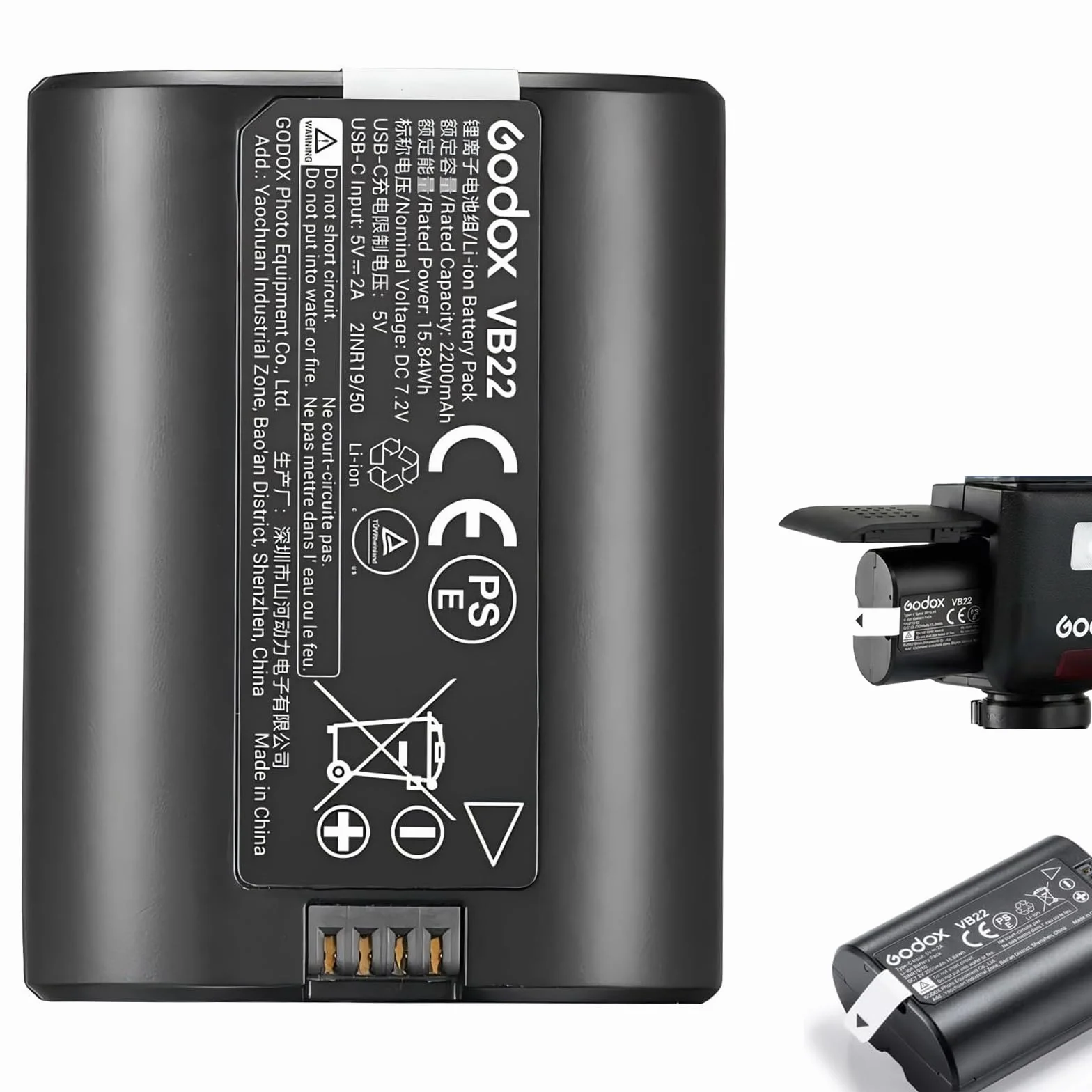 Godox Batterie de rechange VB22 pour V480, 7,2 V 2200 mAh Li-ion pour GODOX V480C / V480S / V480N / V480O / V480F et V350C / V350S / V350N / V350O / V350F Flash d'appareil photo Charge rapide USB-C