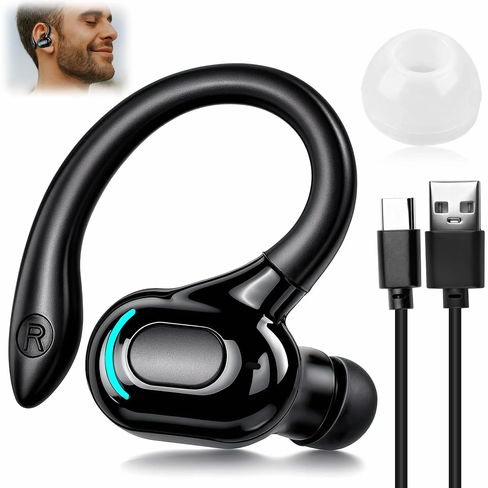 Oreillette Bluetooth sans Fil V5.2 avec Micro intégré Écouteur Mono Tour d’Oreille 360° 20h de Lecture pour iPhone Android PC Bureau Conduite Affaires Sport-Réduction du Bruit(Noir)