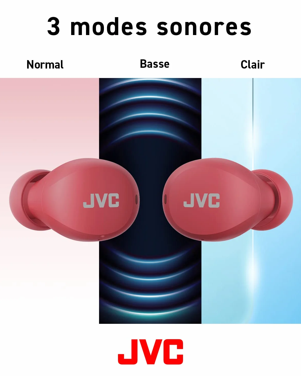 JVC Mini casque sans fil Gumy - Casque Bluetooth (5.1) petit et léger, avec 3 modes audio, résistance à l'eau (IPX4) et batterie 23 heures. Écouteurs pour le sport et la maison - HA-Z66T-R