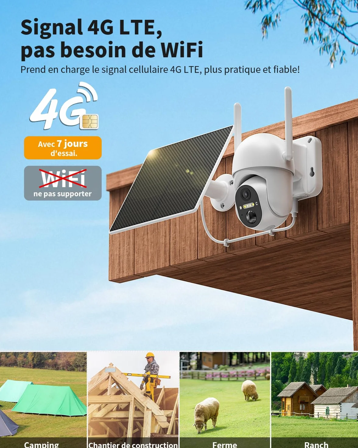 Caméra de Surveillance extérieure 4G LTE- Batterie avec Carte SIM- Caméra PTZ Solaire sans Fil 2K- sans Wi-FI- Pivote à 355°/100°- Vision Nocturne Couleur- Audio- Détection Humaine PIR- IP66