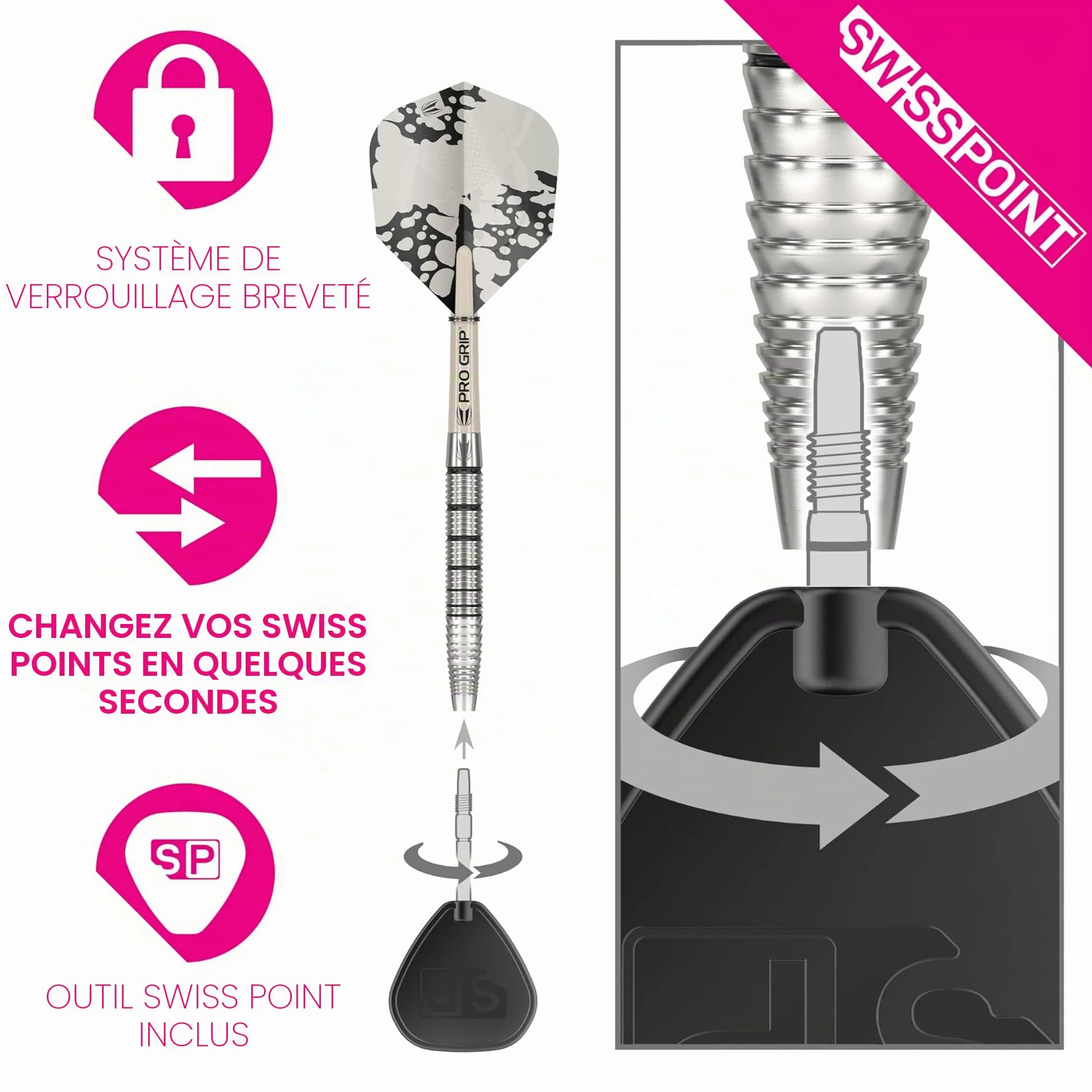 Target Darts EXO Edition fléchettes 90% tungstène pointe acier Swiss Point tiges Pro Grip ailettes n°6 outil SP inclus