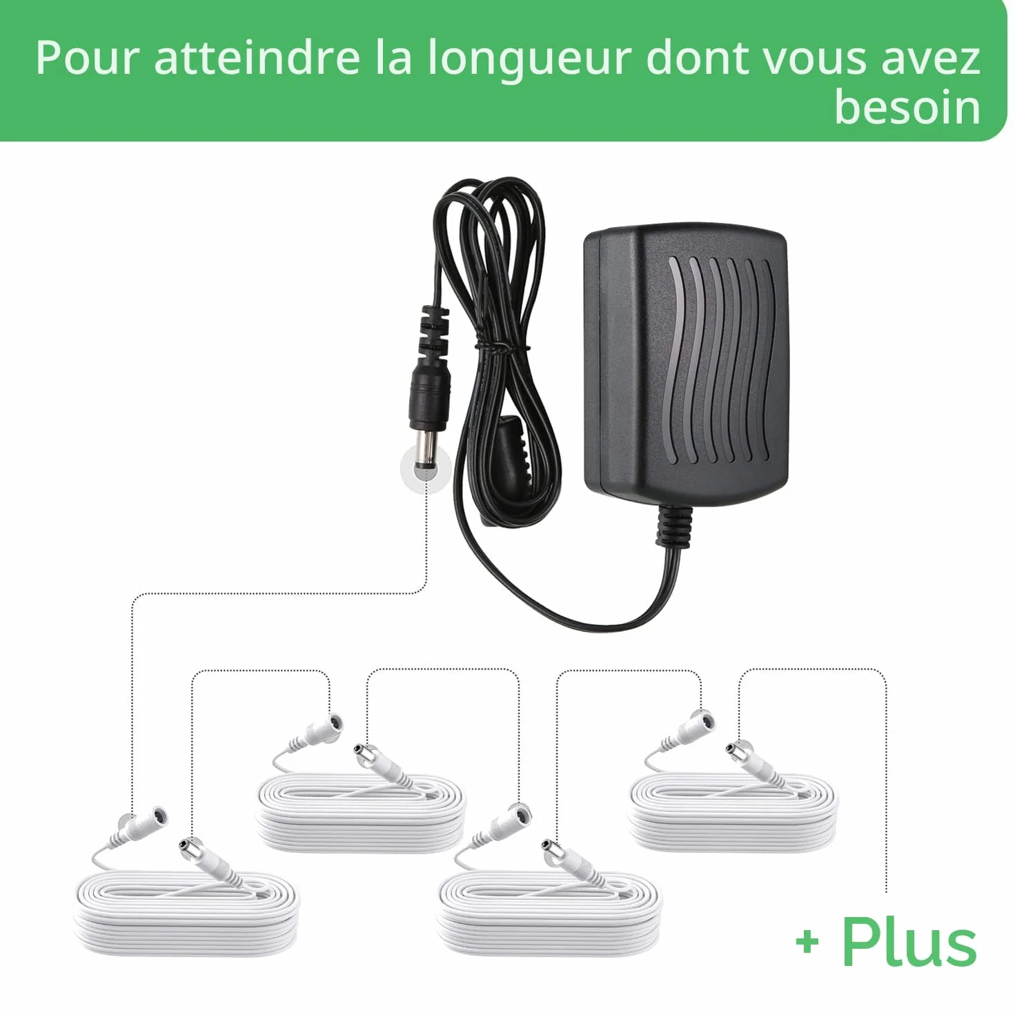 Câble d'extension de 3 m, prise 5,5 mm x 2,1 mm, DC 5 V 6 V 9 V 12 V 24 V pour caméra de vidéosurveillance, illuminateur infrarouge, imprimante, bande LED, blanc