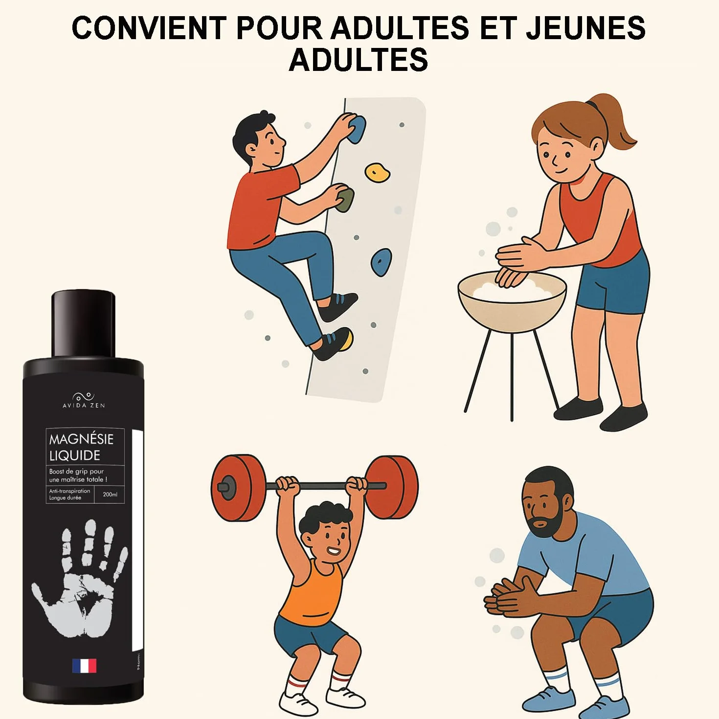 AVIDA ZEN Magnésie Liquide 200ml – Liquid Chalk pour Escalade, Padel, Gymnastique, Crossfit, Musculation, Tennis