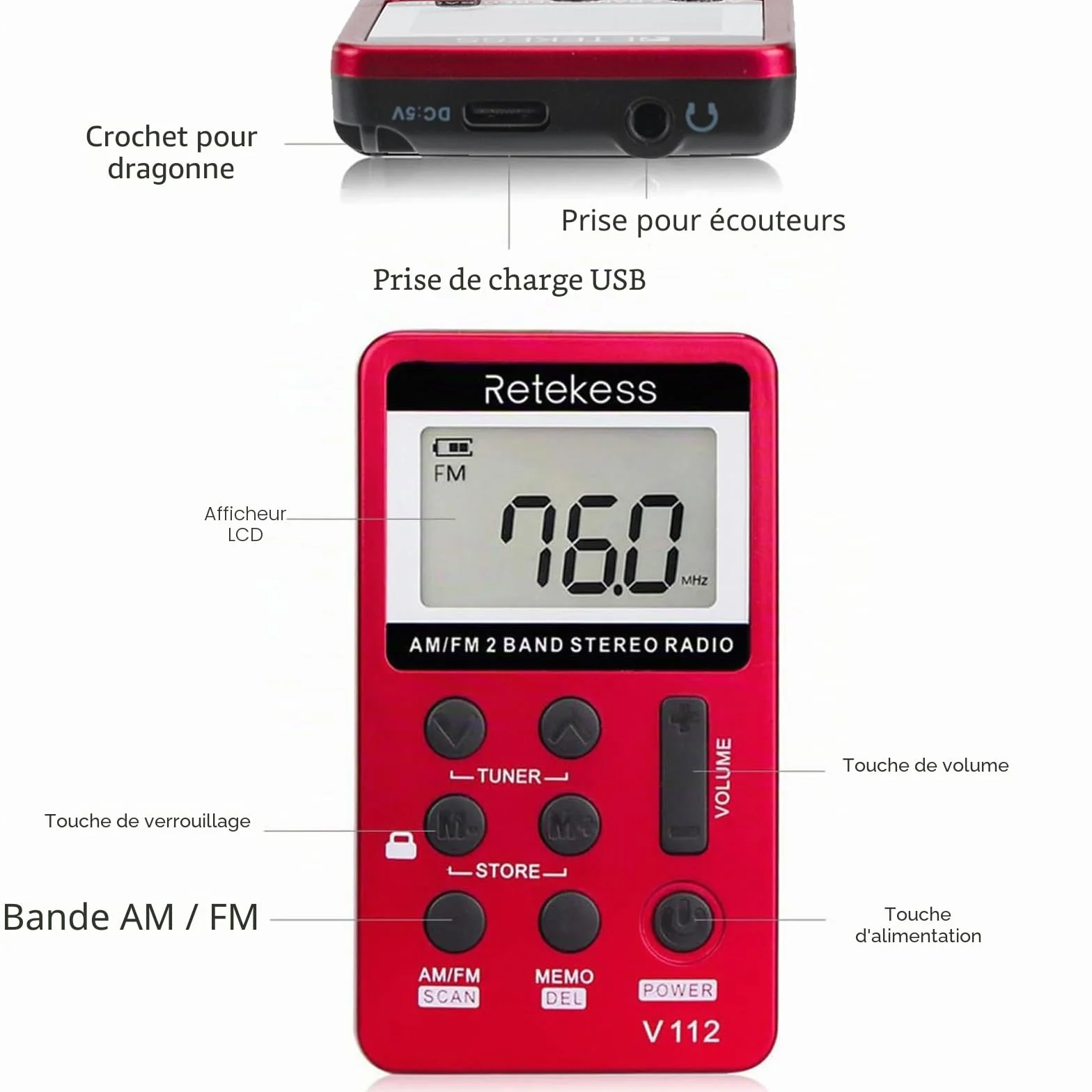 Retekess V112 Mini Radio FM de Poche,Radio Portable,FM AM,Prise Casque,d'Extérieur,Convient pour Course à Pied,de Sport,Randonnée,Le Camping(Rouge)