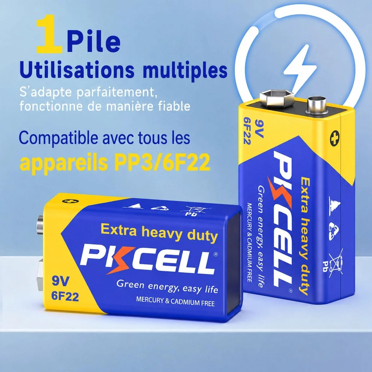 PKCELL Pile 9V 6F22 Carré Haute Performance 4 Pièces
