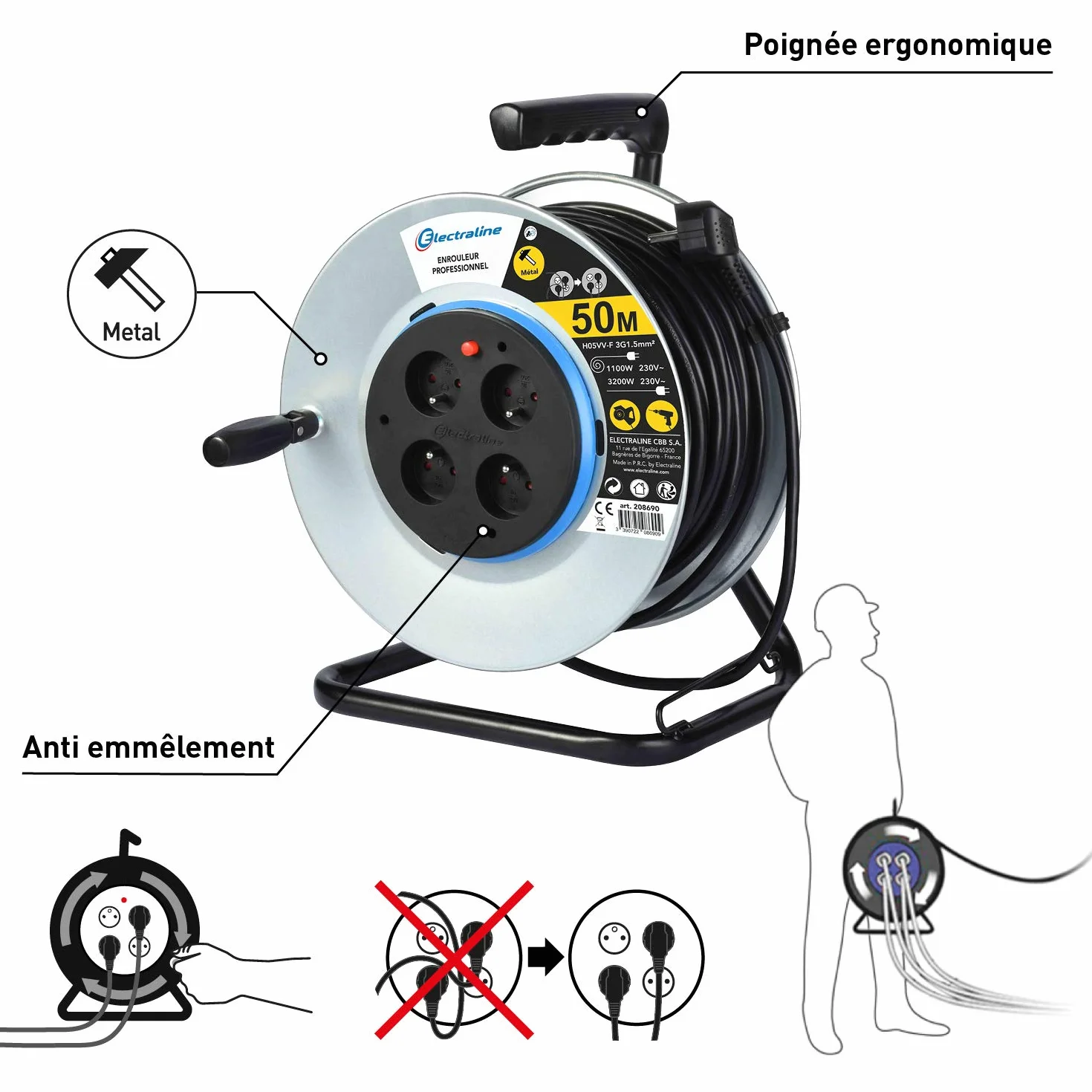 Electraline 208690 Rallonge Prolongateur électrique en Metal 50M 4 prises avec Guide pour le câble, Platine fixe et poignée ergonomique