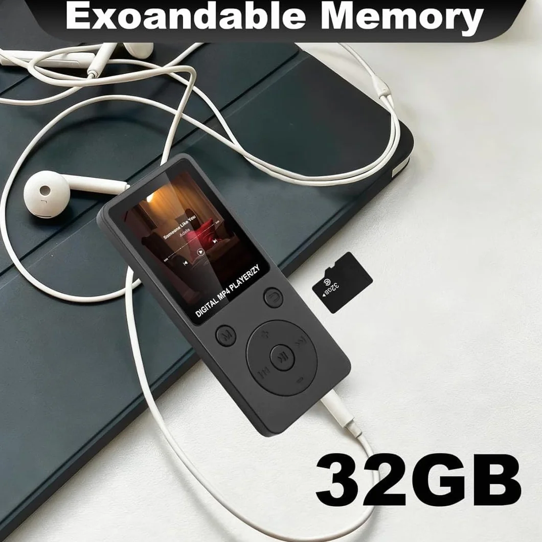 Lecteur MP3 Bluetooth 5.3 32Go Haut-Parleur Intégré Baladeur Portable HiFi sans Perte 70H Autonomie Radio FM Écran 1,8 Pouces Extension Carte TF 128Go
