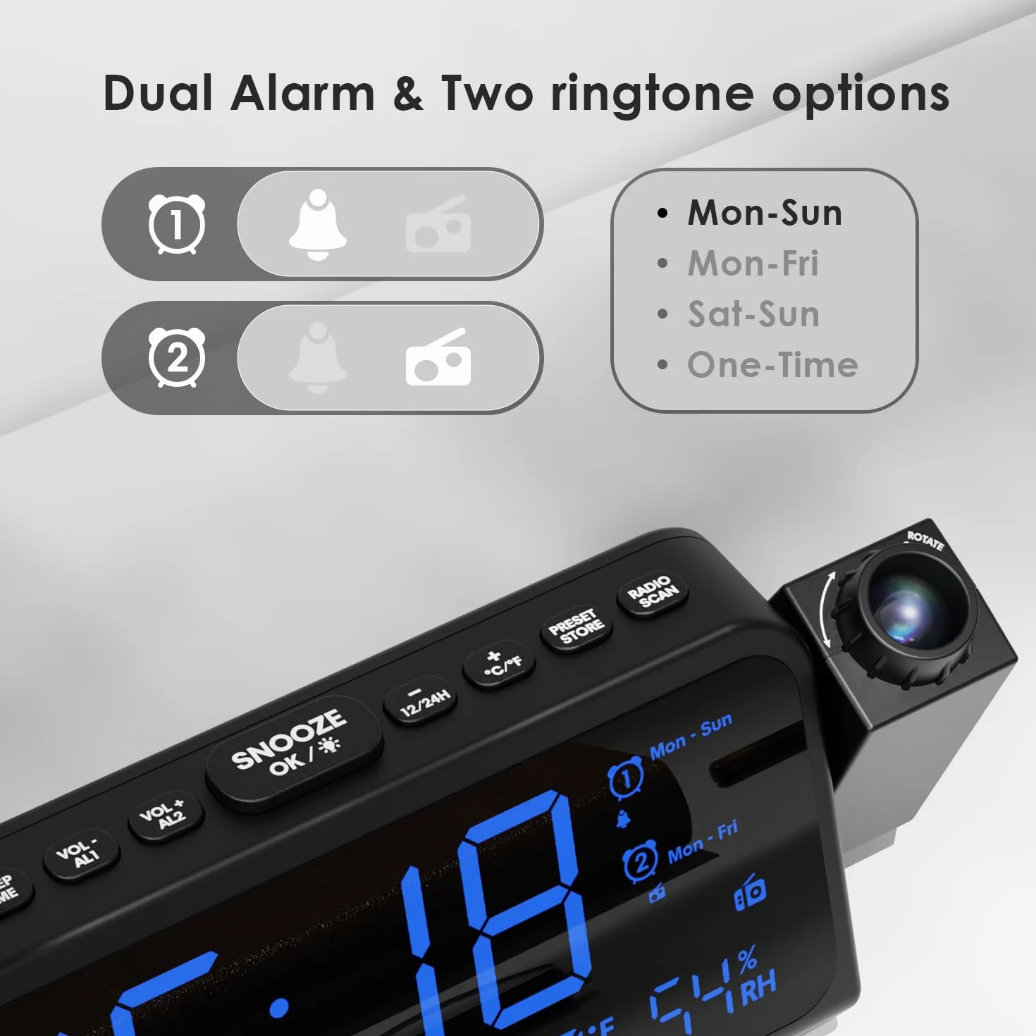 ROCAM Radio-Réveil Projection Plafond, Radio FM Numérique, Horloge Projecteur avec Charge USB & Type C, Réveil Limineux Enfant avec Mode Week-End/Jour de La Semaine, Date, Température, Veilleuse