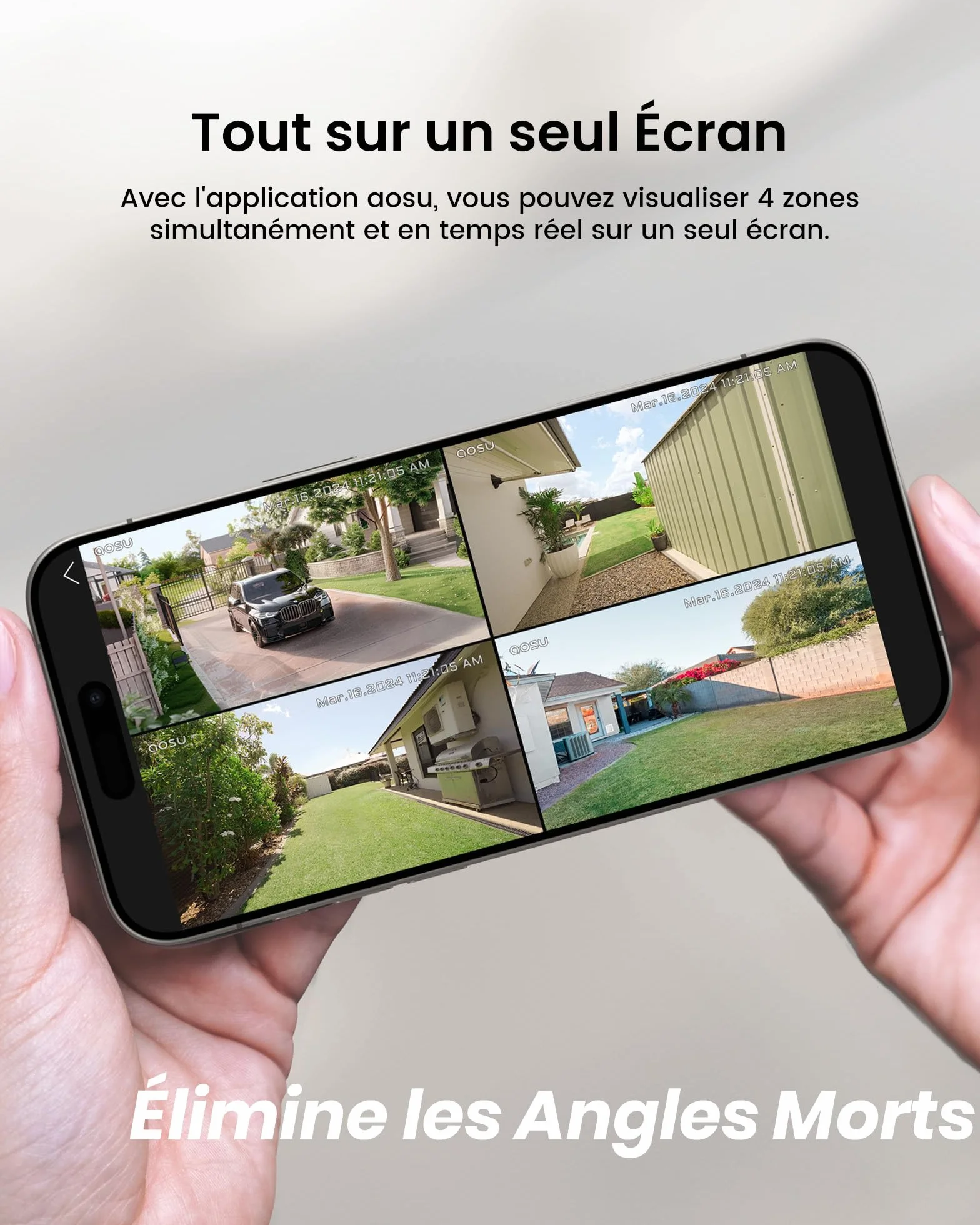 aosu 2K Caméra Surveillance WiFi Extérieure Intérieur sans Fil, 4 Cameras Kit avec aosuBase, sans Abonnement, Ultra Grand Angle, Autonomie Jusqu’à 240 Jours, Alerte Al Détection, Suivi Inter-Caméras