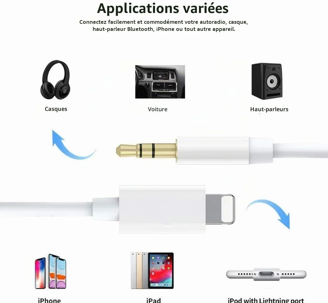 Cordon auxiliaire iPhone voiture adaptateur Lightning vers prise casque 3,5 mm compatible iPhone 14 13 12 11 XS XR X 8 7