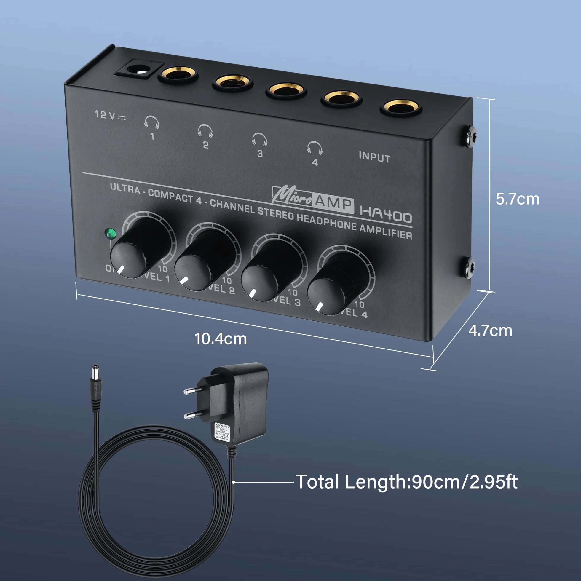 SinLoon HA400 4 canaux amplificateur de Casque stéréo, métal Mini Splitter Audio avec contrôle de Volume indépendant, 1/4 "Sortie et entrée TRS, avec Adaptateur 12V pour Studio, scène, PC, Guitare