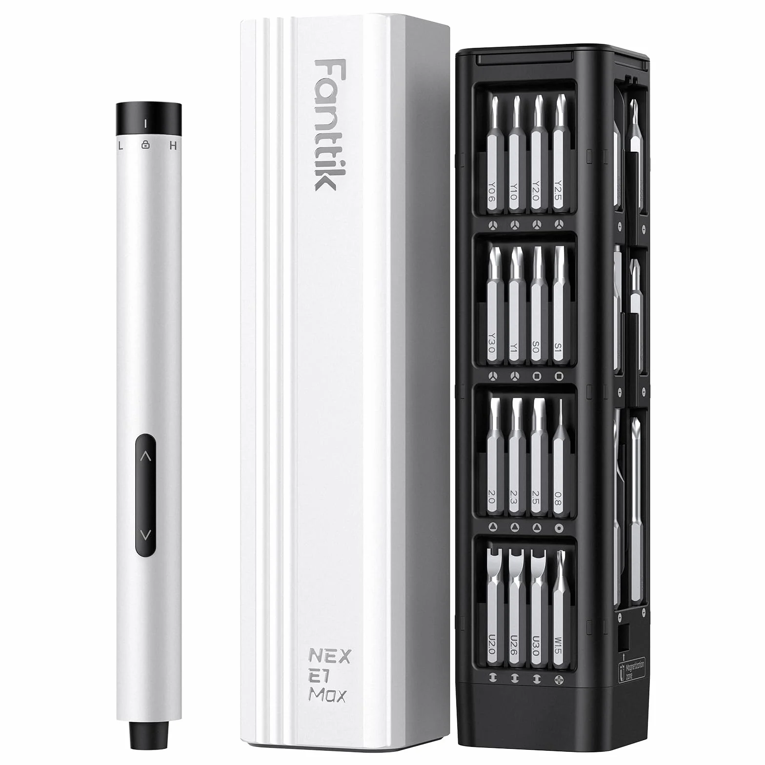Fanttik E1 MAX mini tournevis électrique, set de tournevis de précision avec 50 embouts magnétiques, 2 vitesses de couple,convient pour téléphone portable/caméra/ordinateur portable/montre (Blanc)