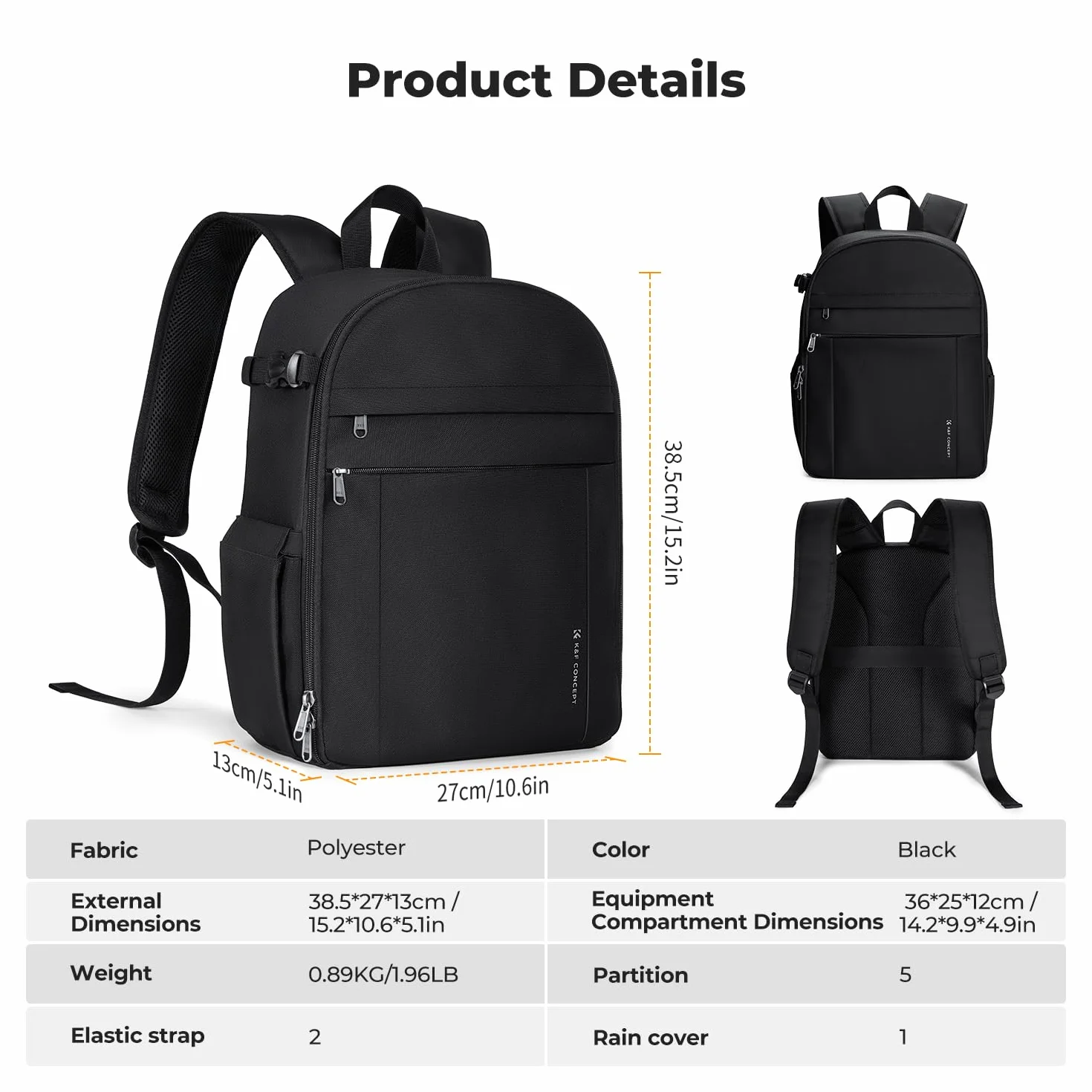 K&F CONCEPT Sac à Dos pour Appareil Photo Compact, sac photo avec housse de pluie, compartiment pour ordinateur portable, Sacoche pour reflex trépieds objectifs