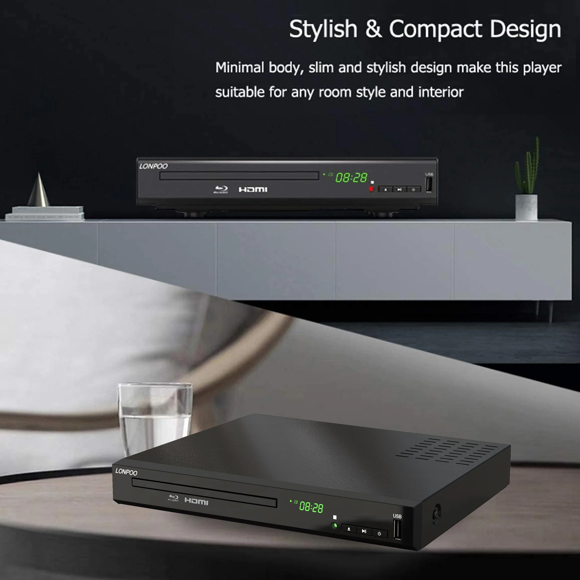 Lecteur Blu-Ray DVD pour Téléviseur - 1080P HD DVD Lecteur Bluray avec Sortie HDMI/Coaxiale/RCA (câble HDMI et AV Inclus), Entrée USB, Bluray Région B/2, Télécommande (LP-100)