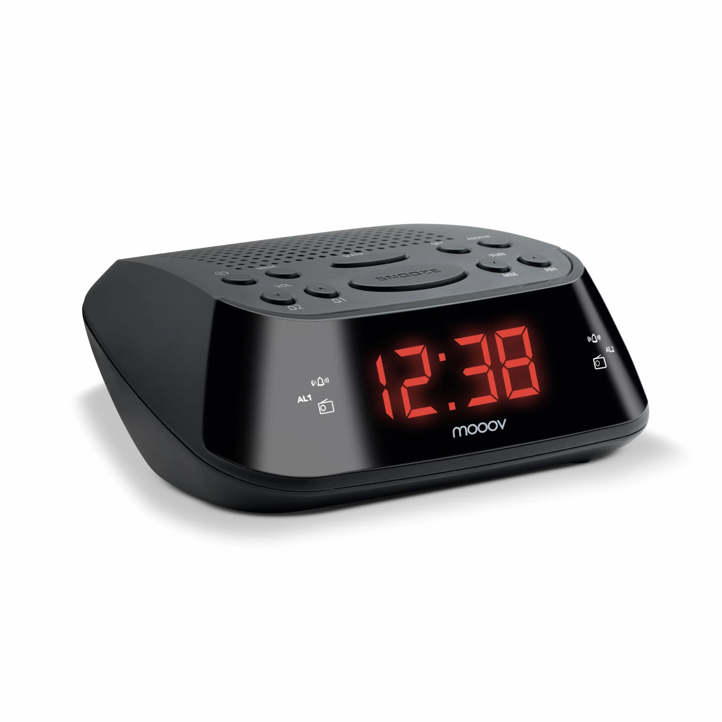 METRONIC 477003 Radio-Réveil FM Double Alarme (Programmable Radio FM ou Buzzer) avec Grand Ecran Affichage Rouge, Fonction Snooze, Alimentation Secteur + Sauvegarde Piles, Simple d'Utilisation - Noir