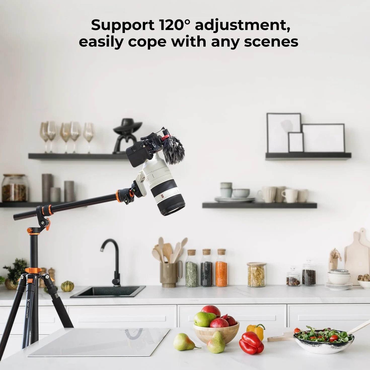 K&F CONCEPT Trépied Appareil Photo, 230CM Trépied Vidéo avec Bras Extension, Trepied Monopode Professionnel en Aluminium, Reflex Pied Caméra 360° Tête Ball et Plaque de Dégagement pour Canon DSLR
