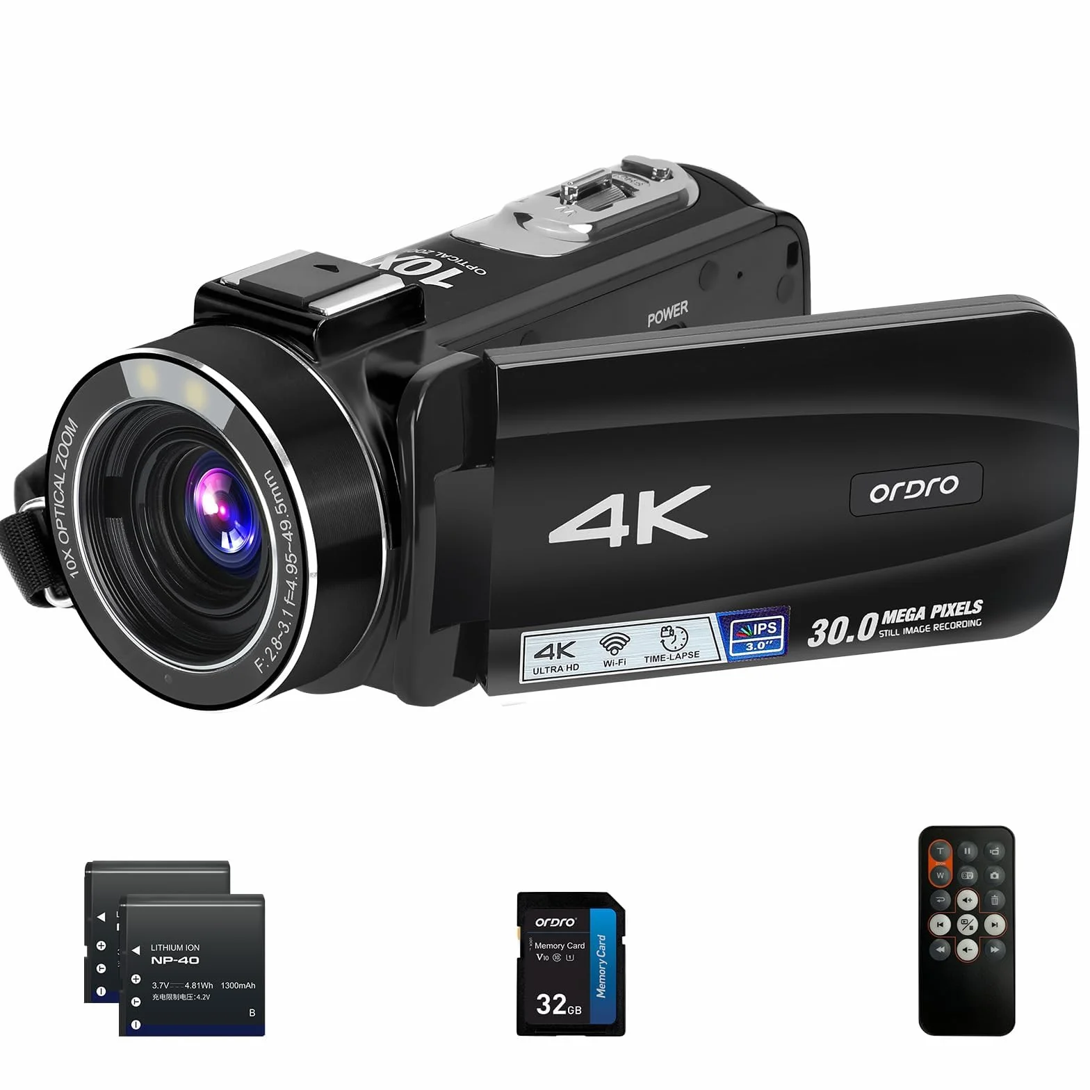 ORDRO Caméra Vidéo 4K Ultra HD Caméscope avec Zoom Optique 10X et WiFi, Carte SD 32GB