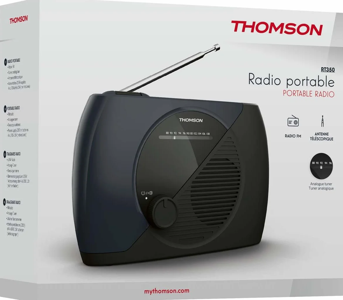 THOMSON Radio Portable FM, Tuner Analogique, Secteur ou Piles - Poste Compact pour Écoute En Tous Lieux, Couleur Bleu/Noir - RT350