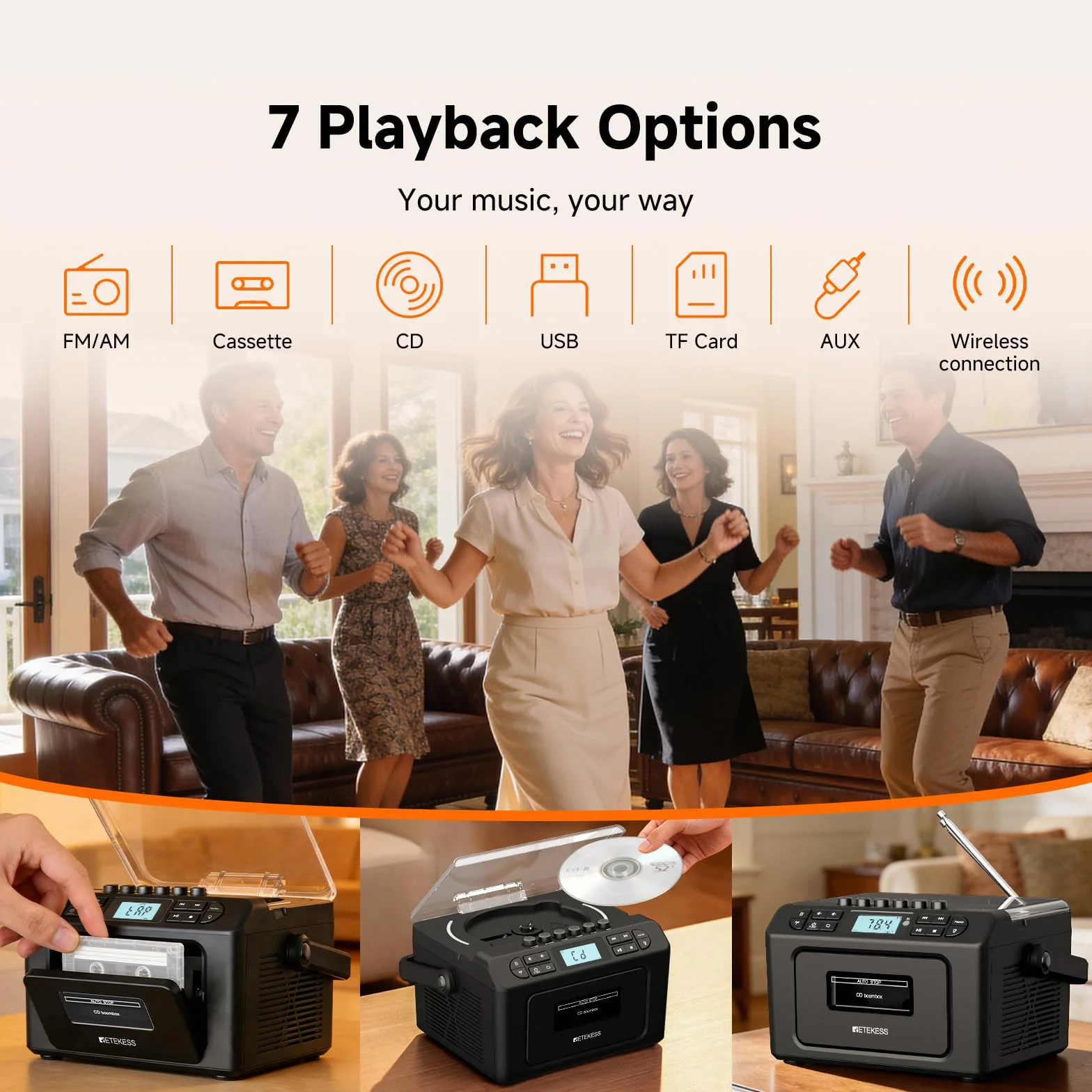 Retekess TR642 Lecteur CD Portable Radio AM FM Cassette Batterie 5000 mAh Boombox Stéréo