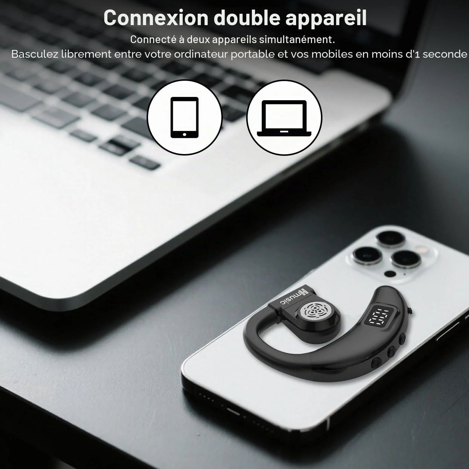 Hmusic Oreillette Bluetooth sans Fil V5.4, IPX5 Étanche, Kit Mains Libres avec 2 Micro Anti-Bruit, 20H d'Autonomie, 18g Ultra-léger, Affichage Numérique LED, pour Conduite, Bureau, Affaires