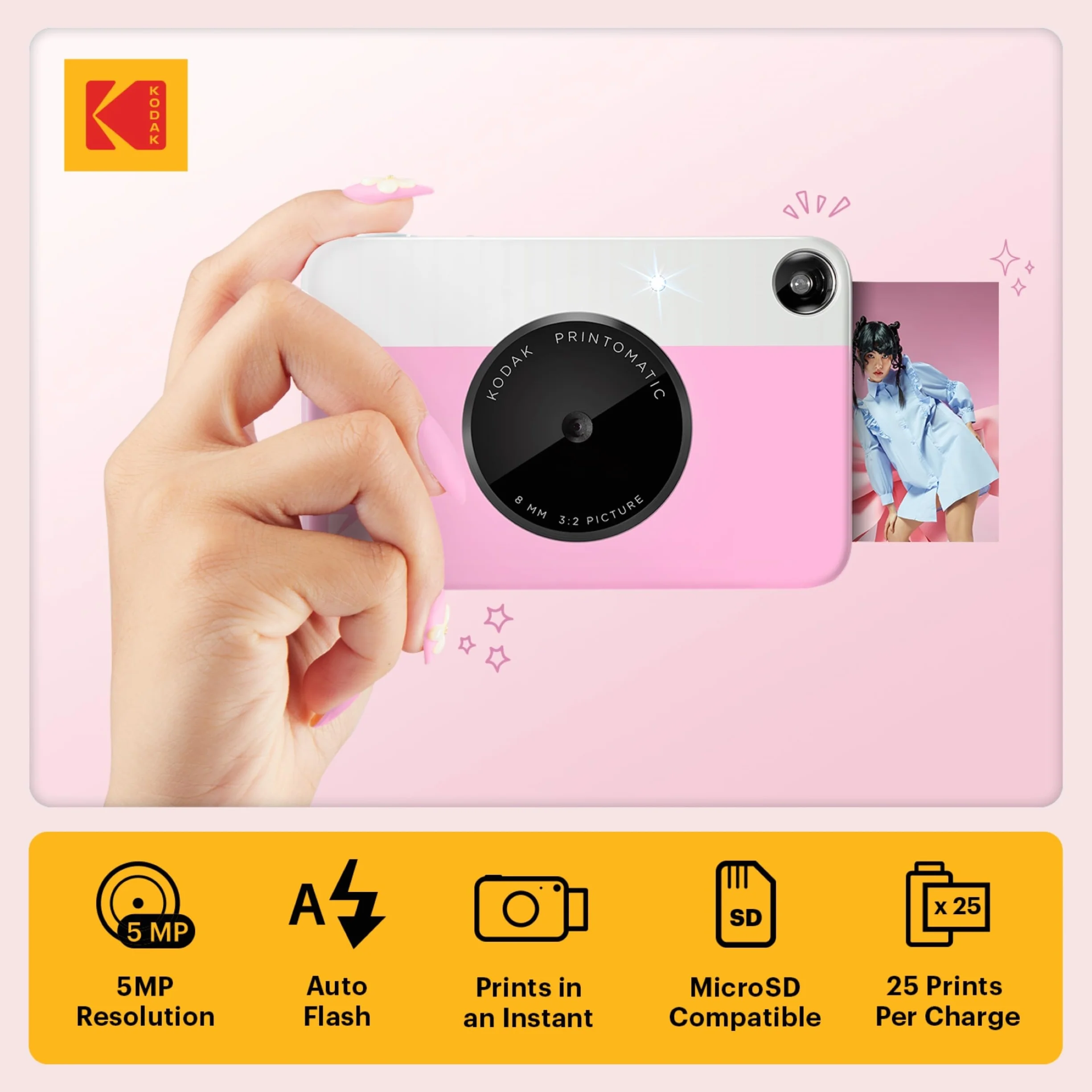 KODAK Printomatic Appareil photo numérique à impression instantanée couleur – Photos de haute qualité sur papier autocollant Zink 2 x 3" – 5 MP, portable, cadeau créatif pour anniversaire, Noël – Rose