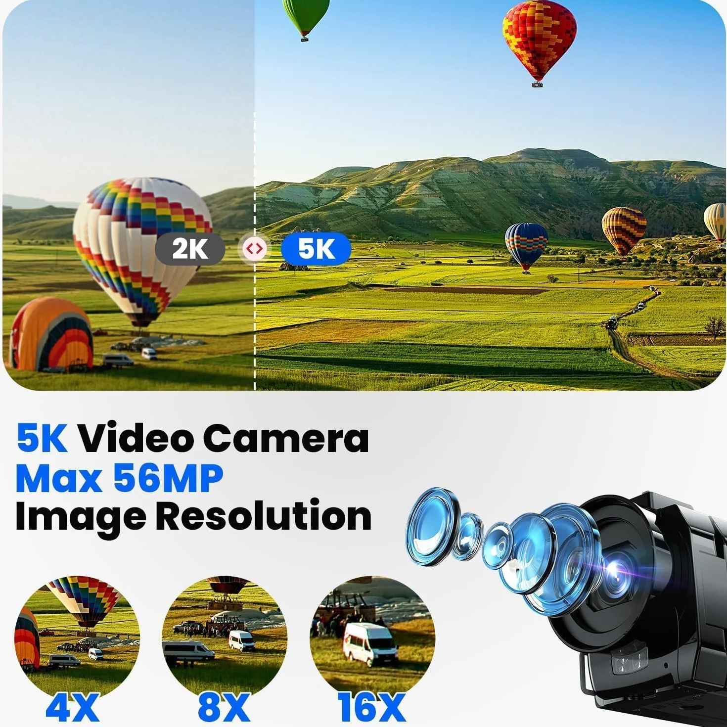 Caméra Vidéo 5K WiFi 56MP Double Objectif 16X Zoom Numérique IR Vision Nocturne 3" Écran Tactile avec 2 Piles et Carte 64 Go