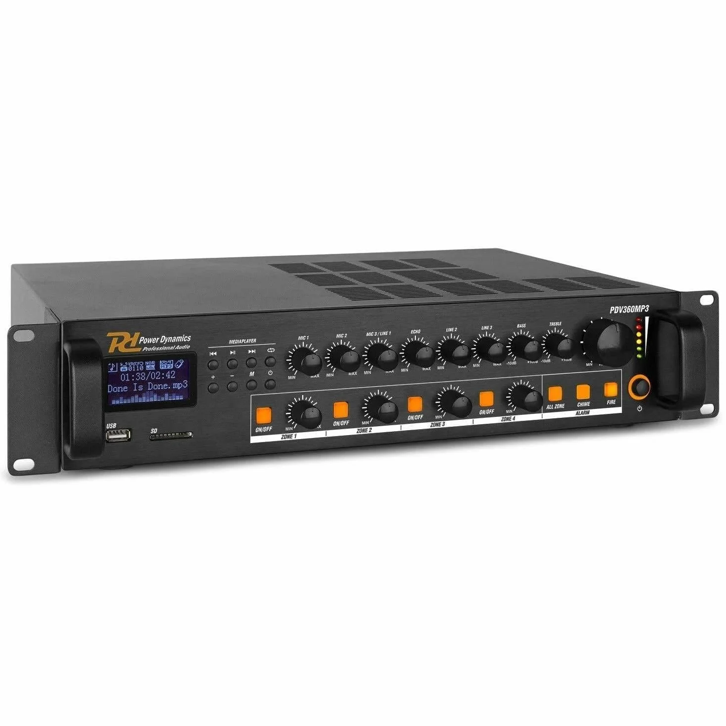 Power Dynamics PDV360MP3 Amplificateur Mixeur 100V 4 Zones - 360W, USB, SD, MP3, Bluetooth, Tuner FM, Canal Micro, Contact 24V pour Alarme Incendie, Idéal pour Tout Lieu à Sécuriser